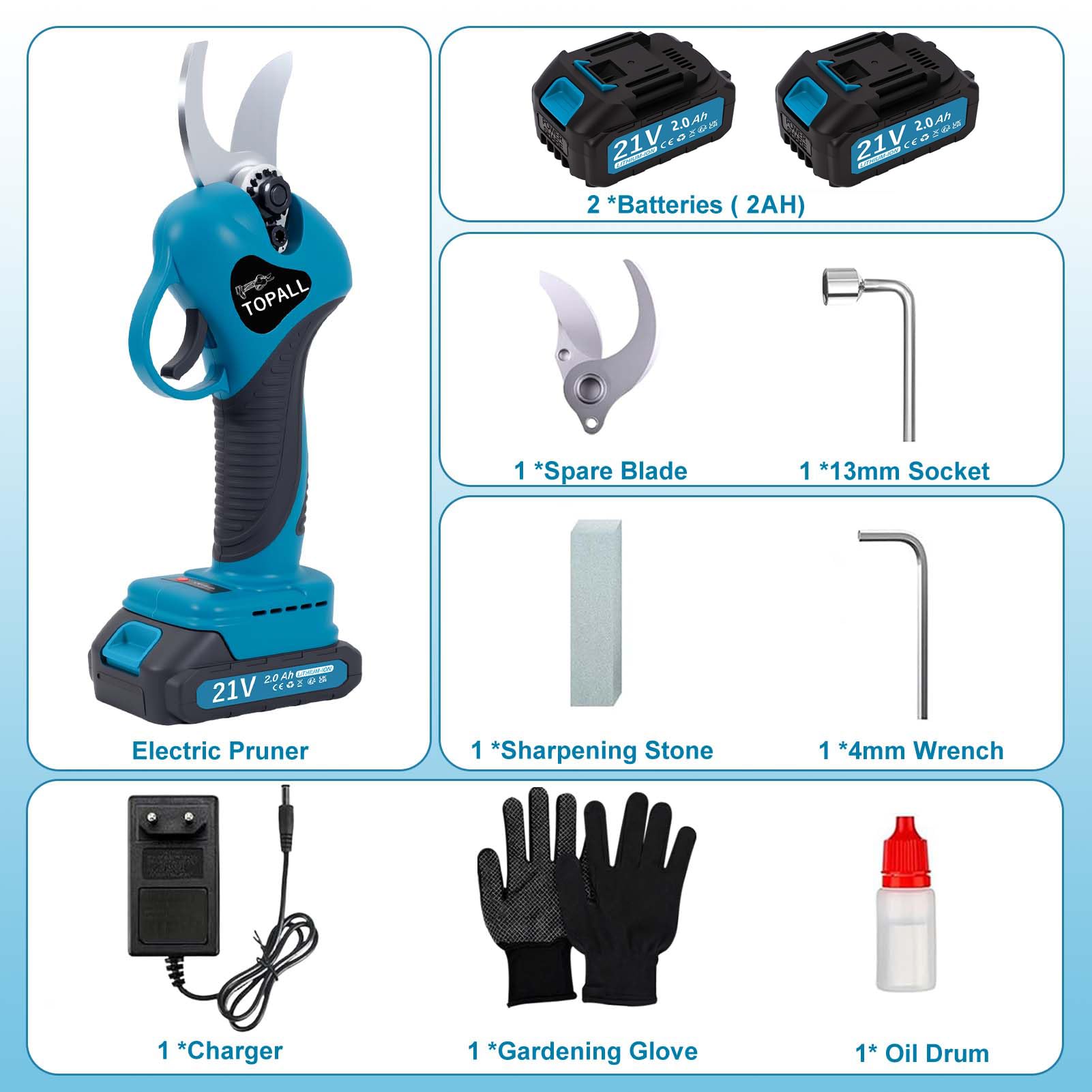 TOPALL Secateur Electrique Sans Fil,33MM Sécateur Électrique a Batterie 2 * 2000mAH | LED Écran | 800W Moteur Sans Balais | Coupe Branche Electrique pour Jardin/Arbres/Fleurs