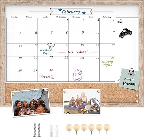Pizarra blanca con calendario y corcho, 18 x 24 pulgadas, pizarra blanca de borrado en seco y tablón de anuncios, calendario de marco marrón
