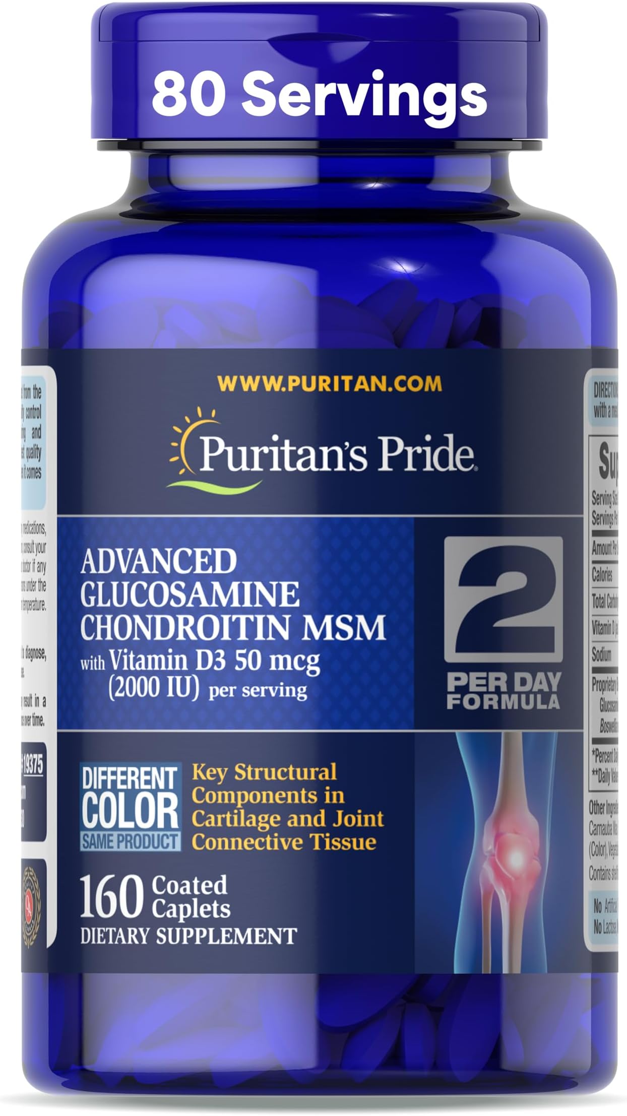 Advanced Glucosamine Chondroitin MSM with Vitamin D3 50mcg (2000 IU), Dietary Supplement for Joint Health, 80 Servings, 160 Coated Tablets