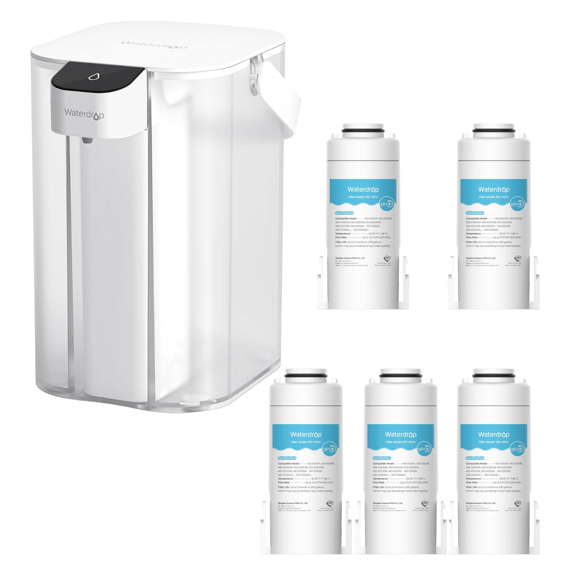 Waterdrop Alkaline Electric Water Filter Pitcher, Dispenser, 200-Gallon, 5X Times Long-Life (1 Filter Included) & WD-EDFA Alkaline Filters Replacement for All Waterdrop Electric Pitcher (4 Packs)