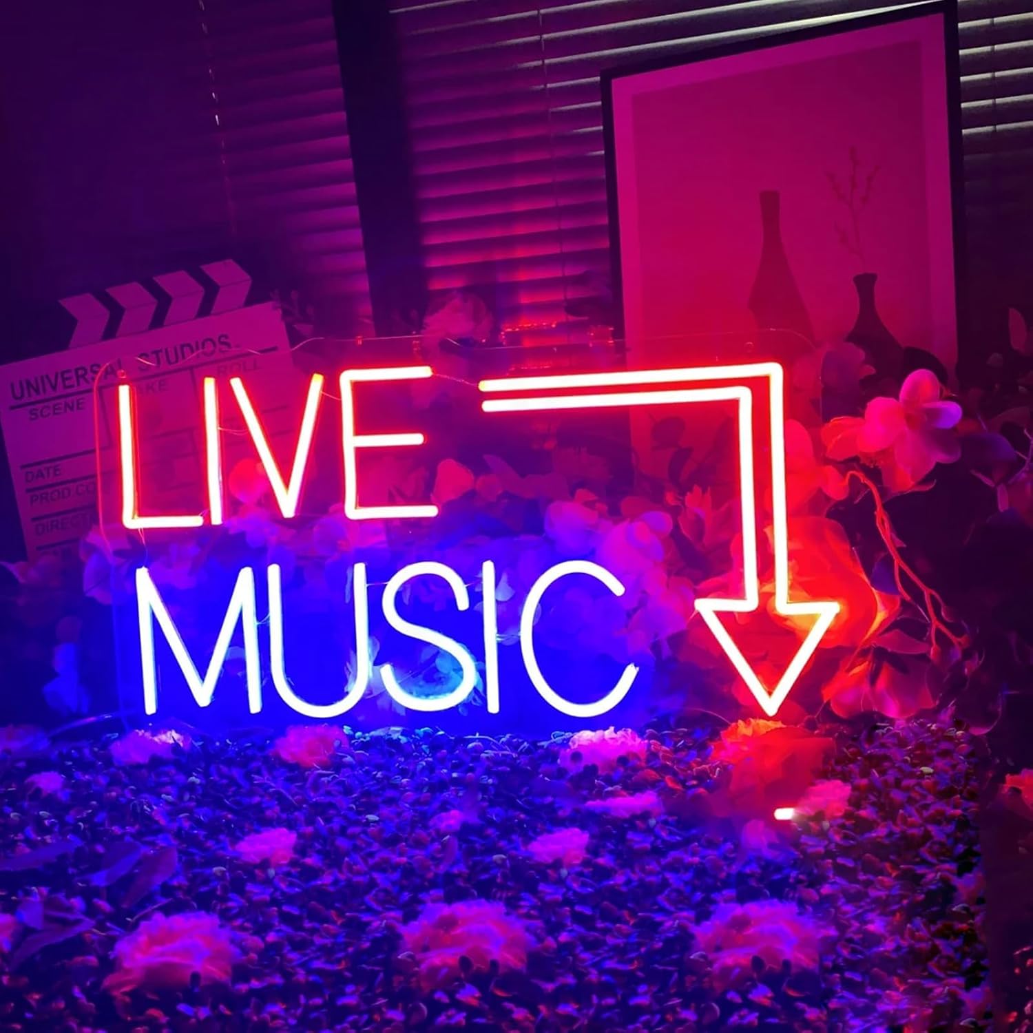 Live Music Arrow Neon Sign - 30 Inch LED Dimmable Art Wall Decor for Party, Bar, Nightclub, Bedroom, Studio