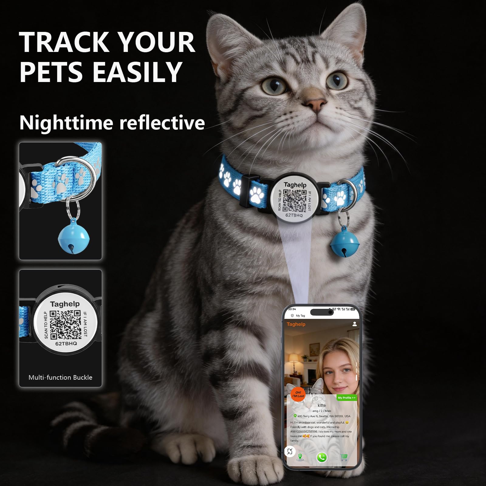 Paquete de 6 collares para gatos con hebilla de seguridad separable y etiqueta de identificación inteligente con código QR, collares de gatito ultra suaves y ajustables para gatos, bonito diseño de