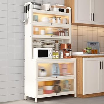 Kitchen Bakers Rack with Flip Door Cabinet, Pantry Cabinet with Pegboard, Farmhouse Coffee Bart for Home, Office, Pantry, Garage