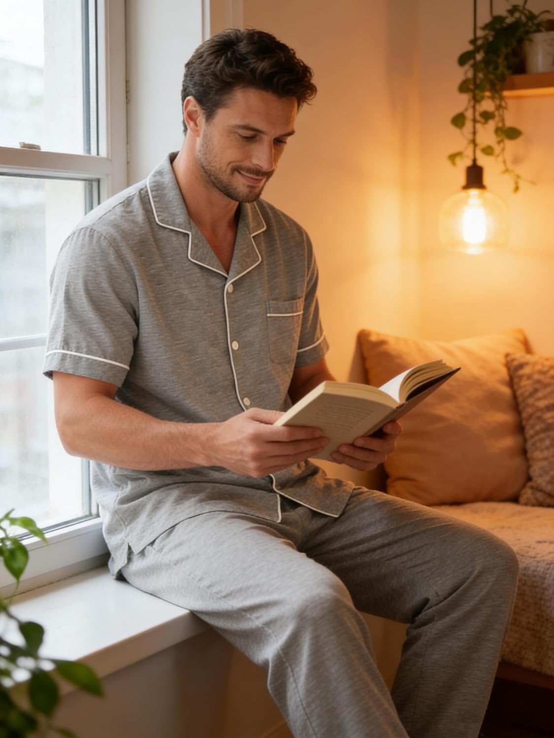 Men Pajamas Set Two Pieces Short Sleeve Sleepwear Button Down Loungewear Set Soft Modal Pj Set with Pockets - Image 6