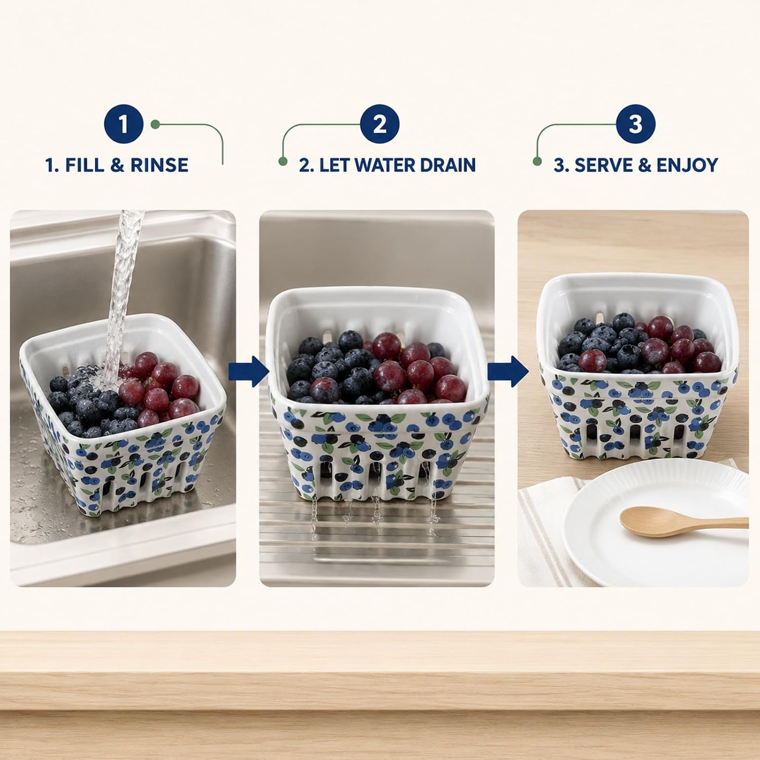 KXZ Ceramic Berry Baskets, Set of 2, 6.1-Inch Colander Bowls with Drain Holes, Blueberry Design for Washing and Serving Fruit