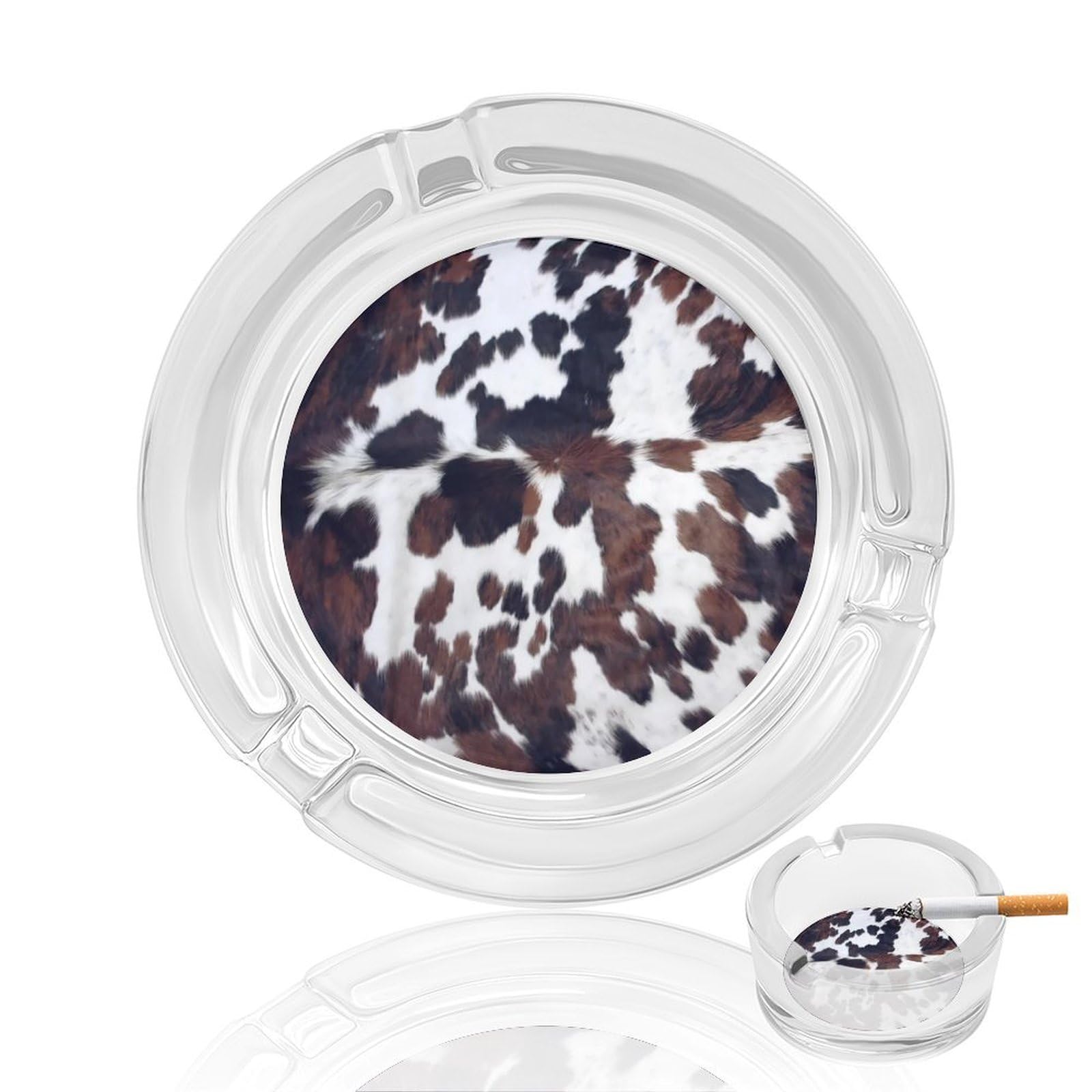 Cowhide Tan Black And White Glass Ashtray 3.3 Inch Round Cigarette Ash Holder with 4 Grooves for Home Office Outdoor One Size