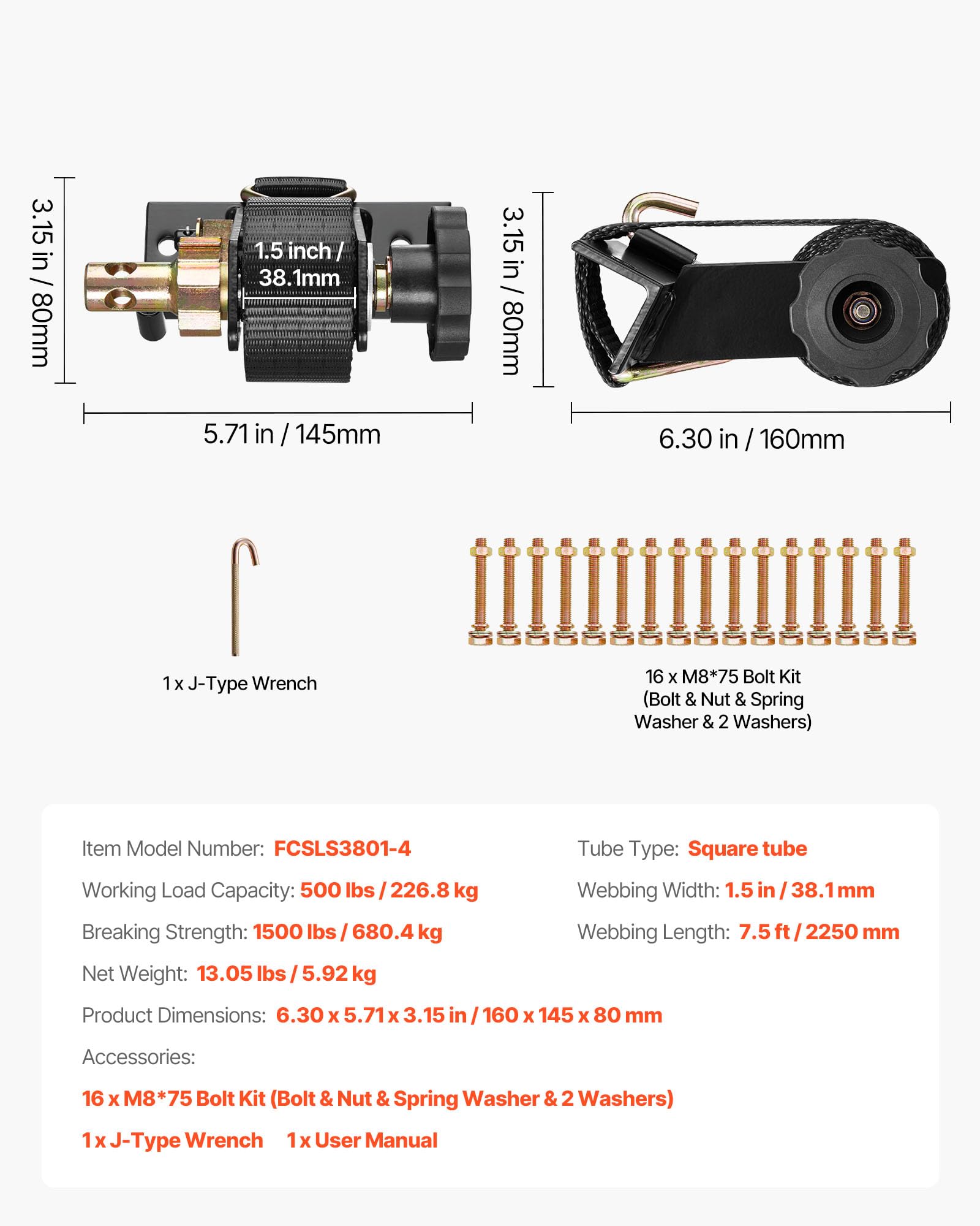 VEVOR Cinghie a Cricchetto per Retrattili, Montaggio su Tubo Quadrato Nero, Larghezza 38 mm x Lunghezza 2,25 m, Cinghie Nere per Fissaggio con Doppi Ganci a J, Carico 226,8 kg, Confezione da 4