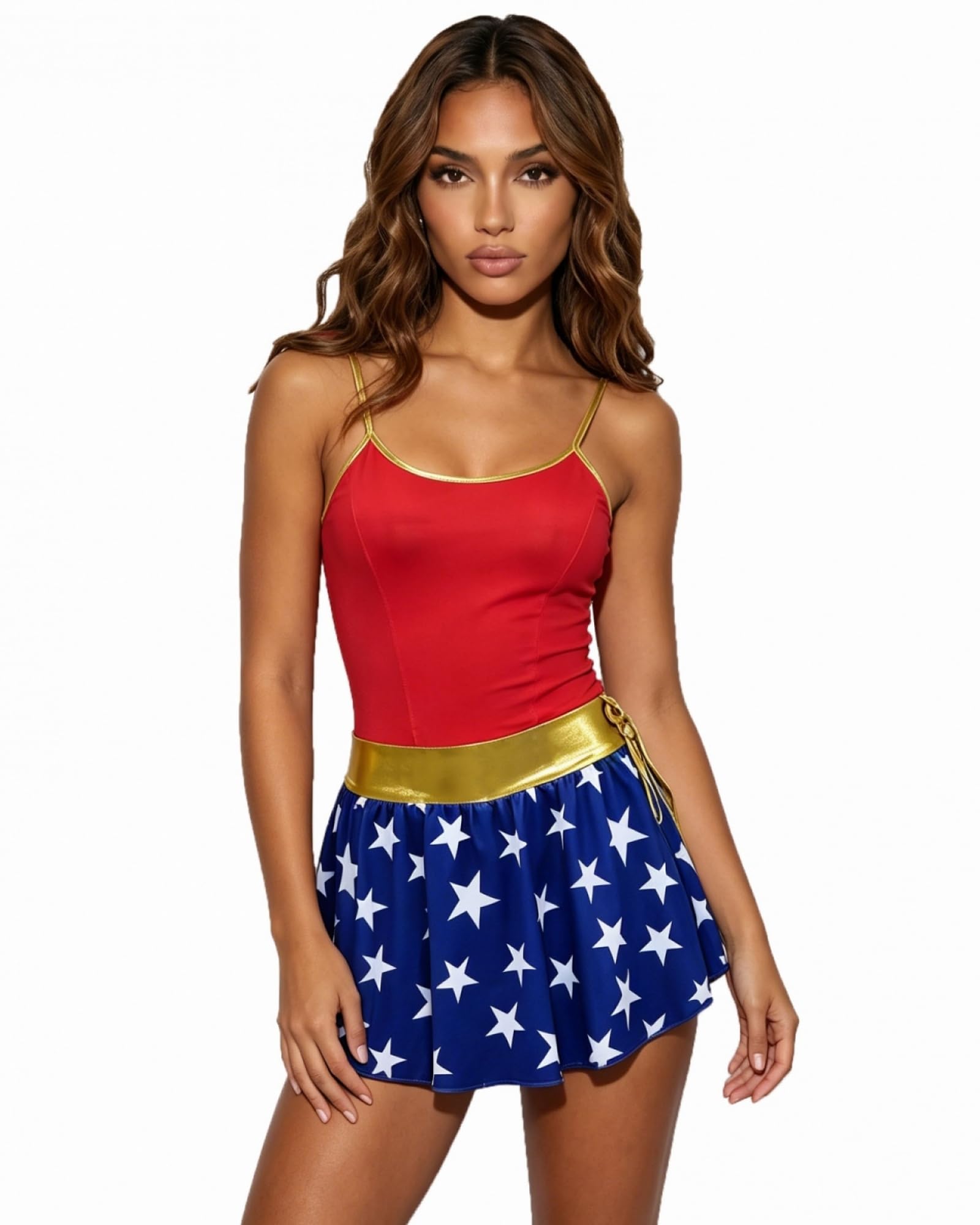 YOUDTIAN Women Star Superheroine Costume Set Stars Print Halloween Cosplay Outfit (C-Red, XL)