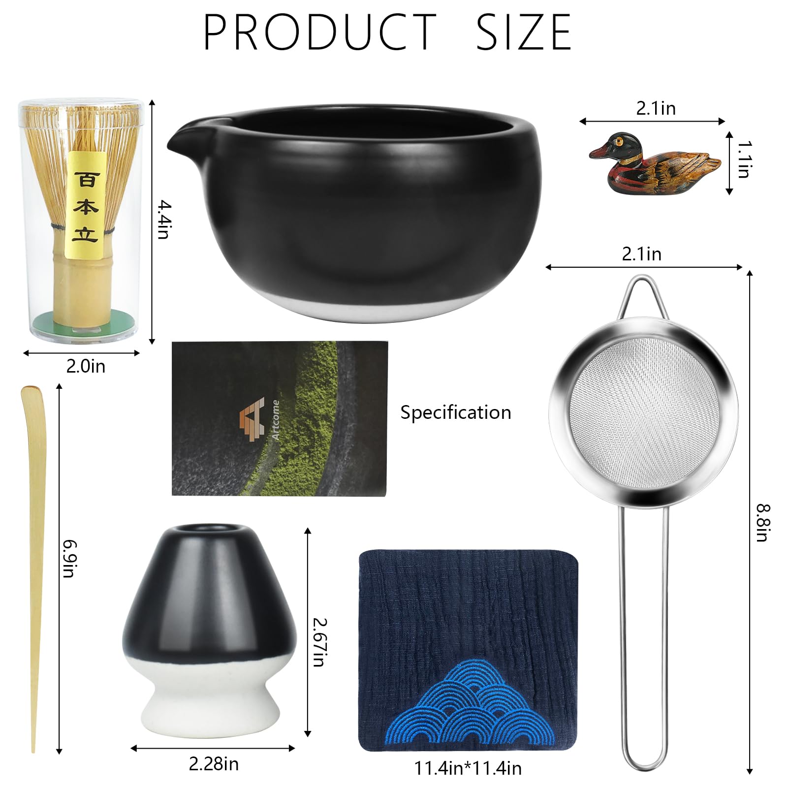 Artcome Kit completo per cerimonia del tè Matcha, 7 pezzi, ciotola con beccuccio, frusta, paletta, colino per preparare Usucha, Koicha e Latte (nero)