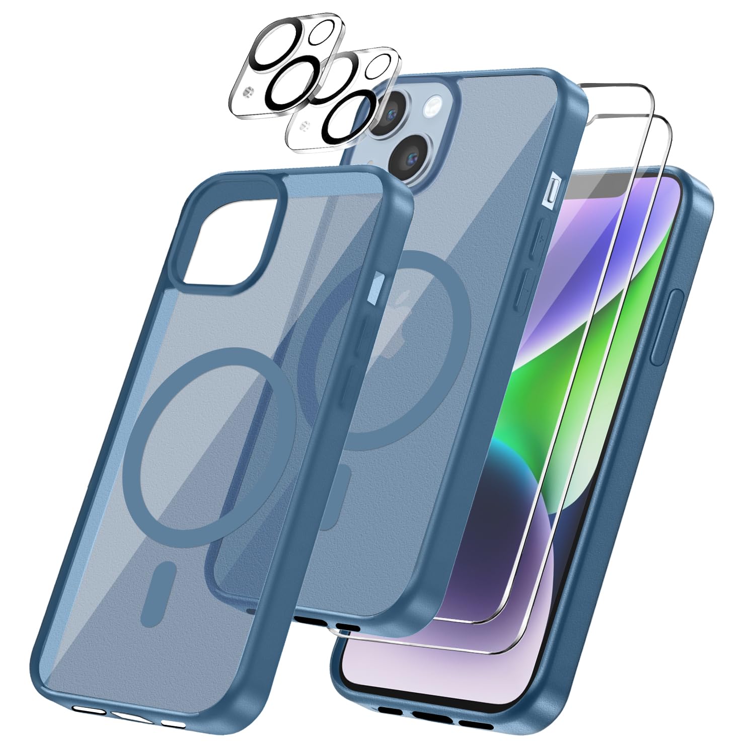 Magnetic Cover per iPhone 14 Compatibile con 2 vetri temperati e 2 vetri per Fotocamera, Translucent Matte Slim Back PC+TPU Bumper Shockproof - Blu Zaffiro