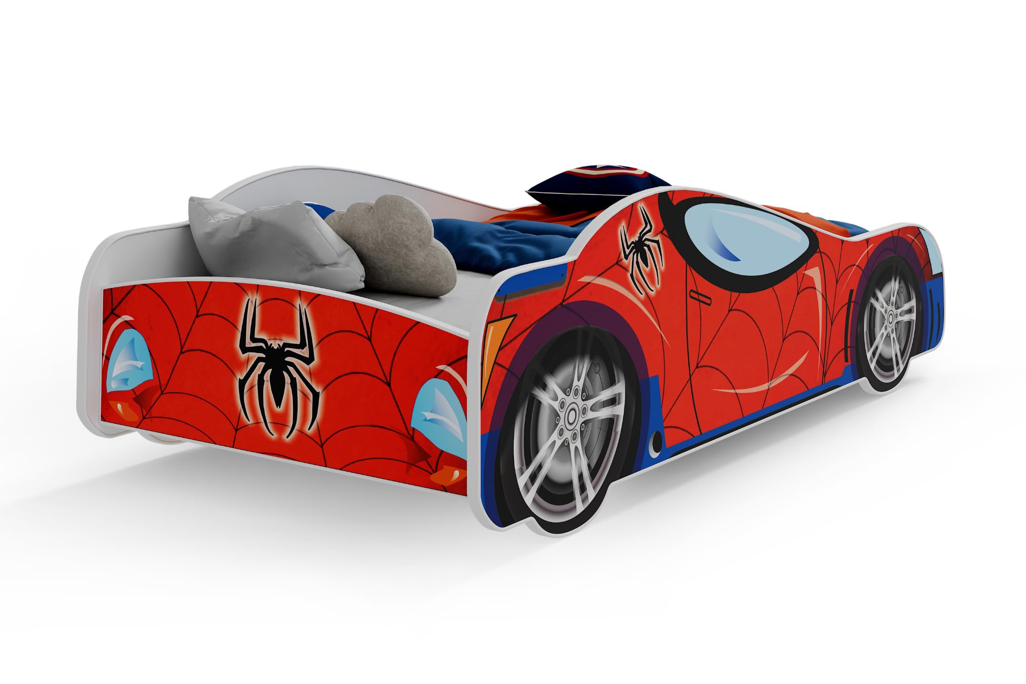 KOBI Lit Enfant Voiture 140x70 Racing Red avec Matelas, lit Auto pour garçon et Fille, lit sécurisé en Forme de Voiture avec Motif Super-héros pour Chambre Enfant