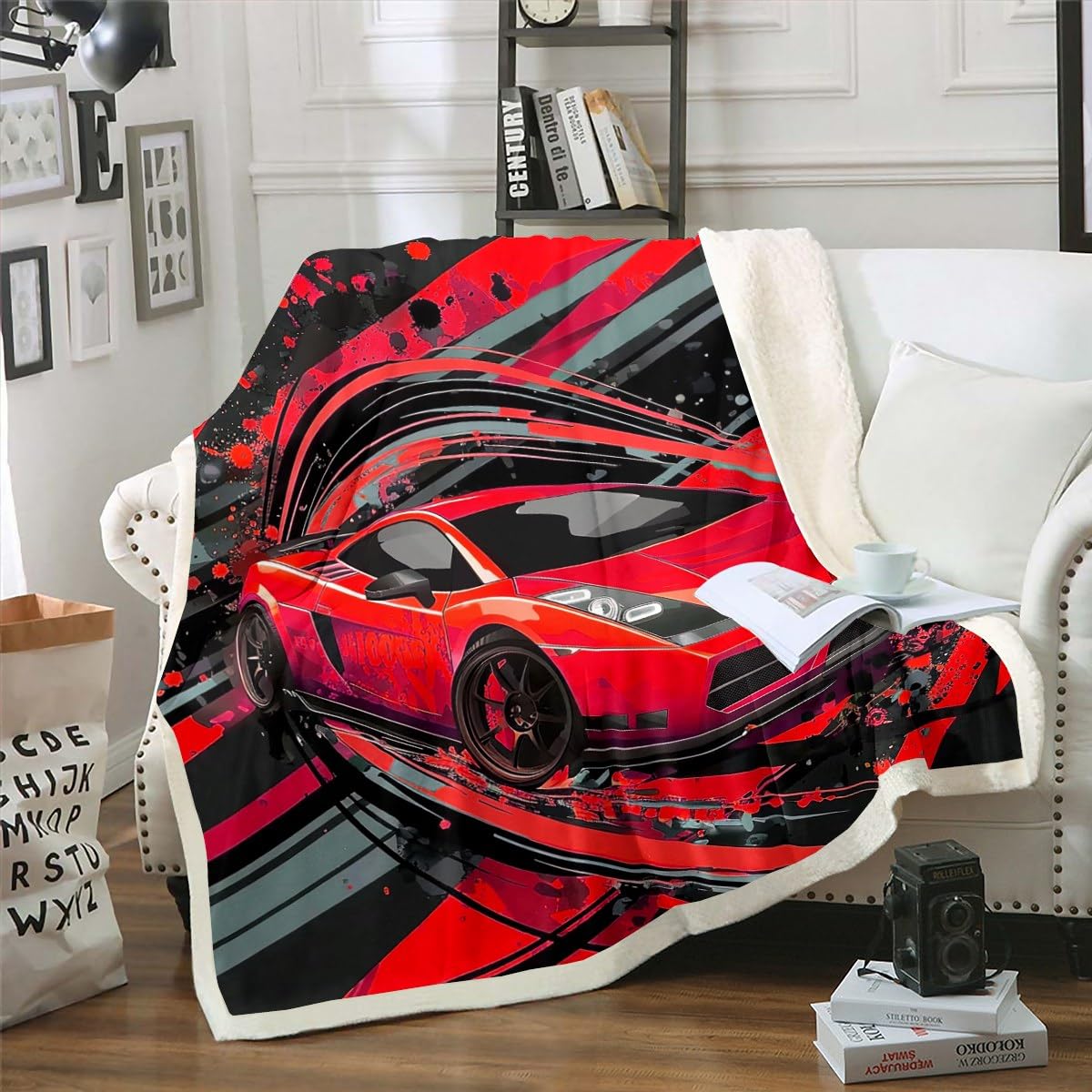 Car Blanket For Boys Racing Sports Car Throw Blanket Kids Extreme Sports Game Flannel Blanket Decor Girls Children Bedroom Teens Red Cool Speed Automobile Honeycomb Sherpa Blanket Queen 90