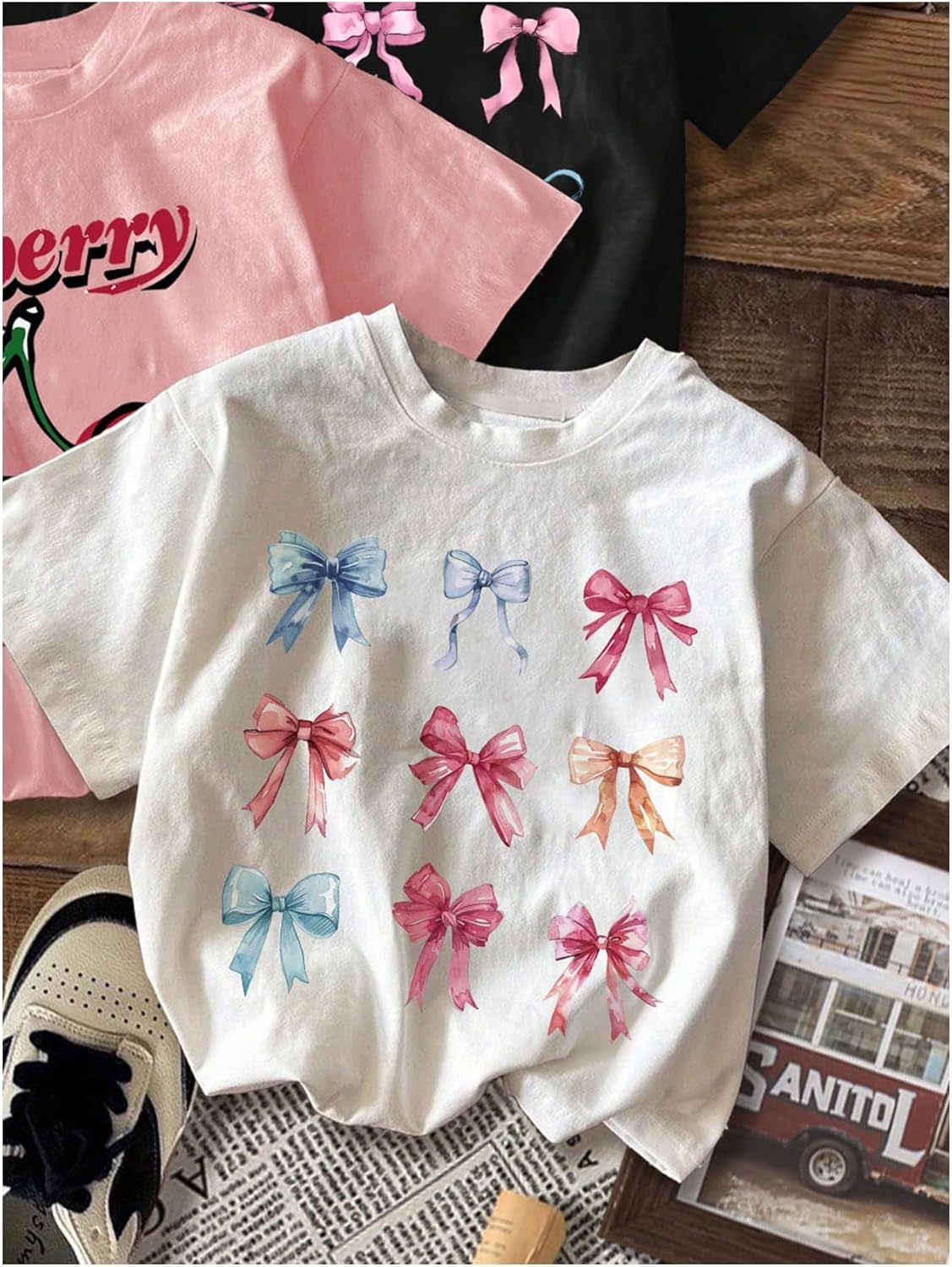 QJQ Girl's 3 Piece Set Bow Cherry Graphic T Shirts Short Sleeve Crewneck Tees Summer Trendy Preppy Cute Tops Clothes - Image 2