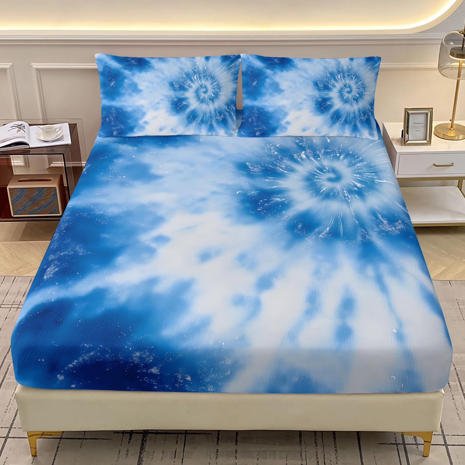 AILONEN Tie Dye Fitted Sheet Full Size with 2 Pillowcases,Blue and White Swirl Bedding Set 3Pcs,Tie-Dye Spiral Bed Sheet Set for All Season,Soft Microfiber