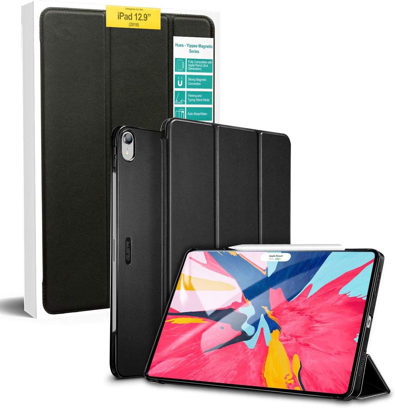 Apple iPad Pro 12.9 inch 2018 ESR Yippee Color Series Trifold Stand Apple Pencil Charging Compatible, Microfiber Lining Back Case - Black
