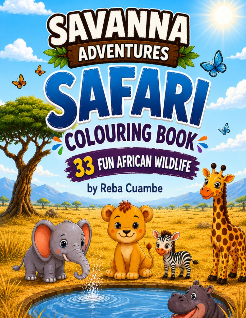Savanna Adventures Colouring Book: 33 Fun African Wildlife : Cute Baby Lions, Elephants, Giraffes, Zebras, and More | Bold & Easy Colouring Pages for Kids