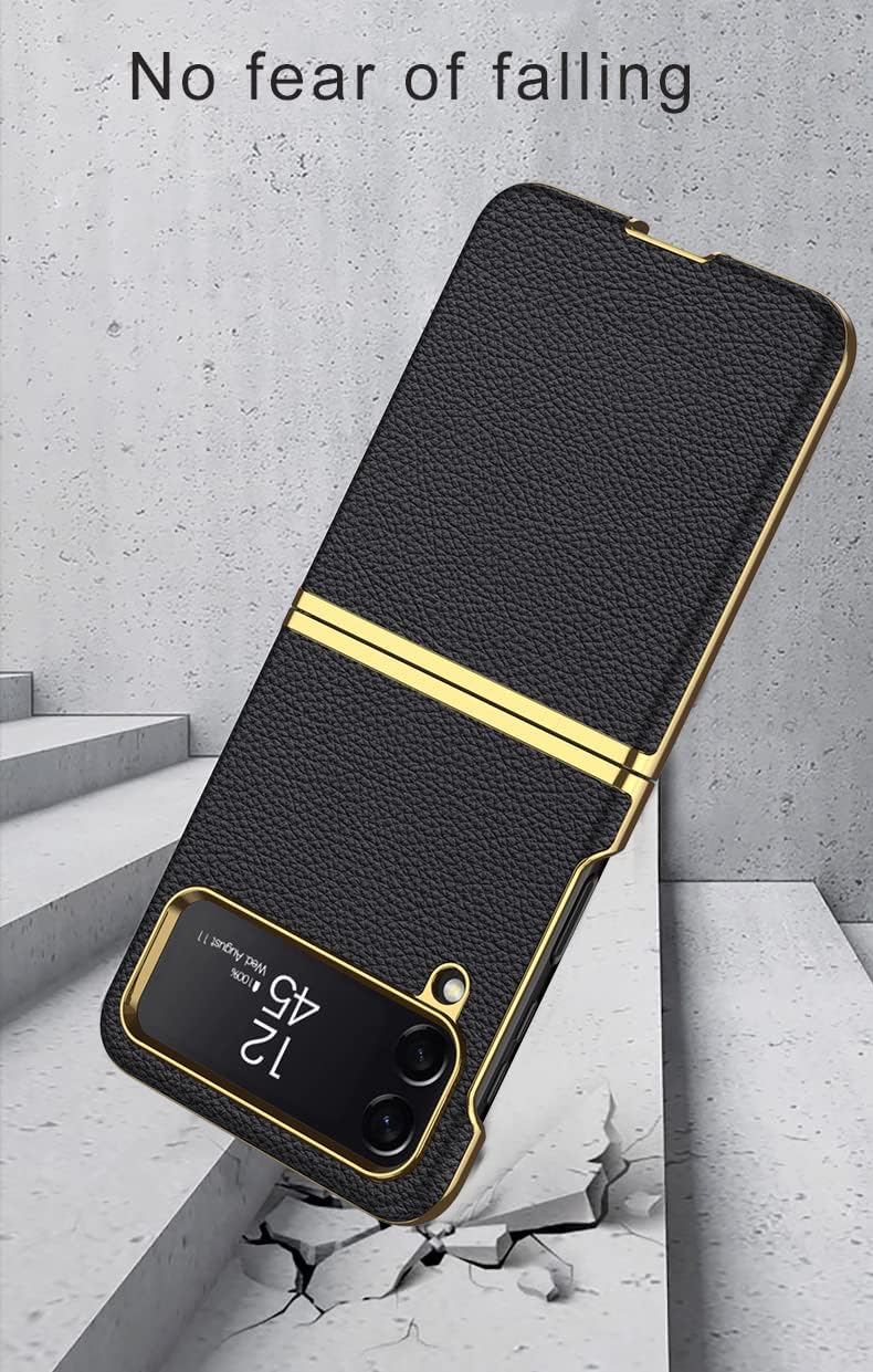 SHIEID Z Flip 4 Case Leather, Galaxy Z Flip 4 Case Electroplate Phone Case Compatible with Galaxy Z Flip 4 5G, Black