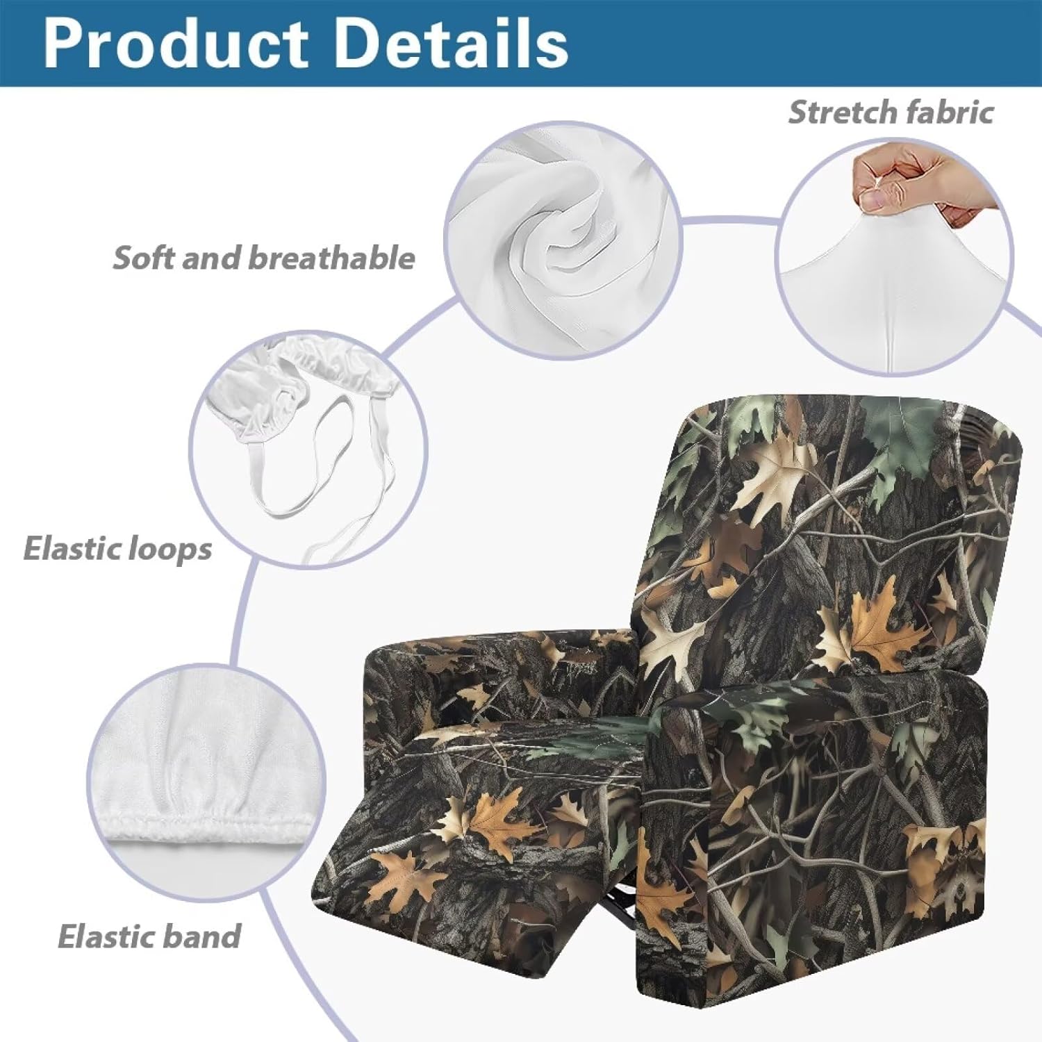 Lazyboy Recliner Chair Cover 3D Camo Branches 4 Pieces Reclining Slip Covers for Recliners Lazyboy Recliner Chair Cover Non Slip Chair with Storage Pockets Furniture Protector