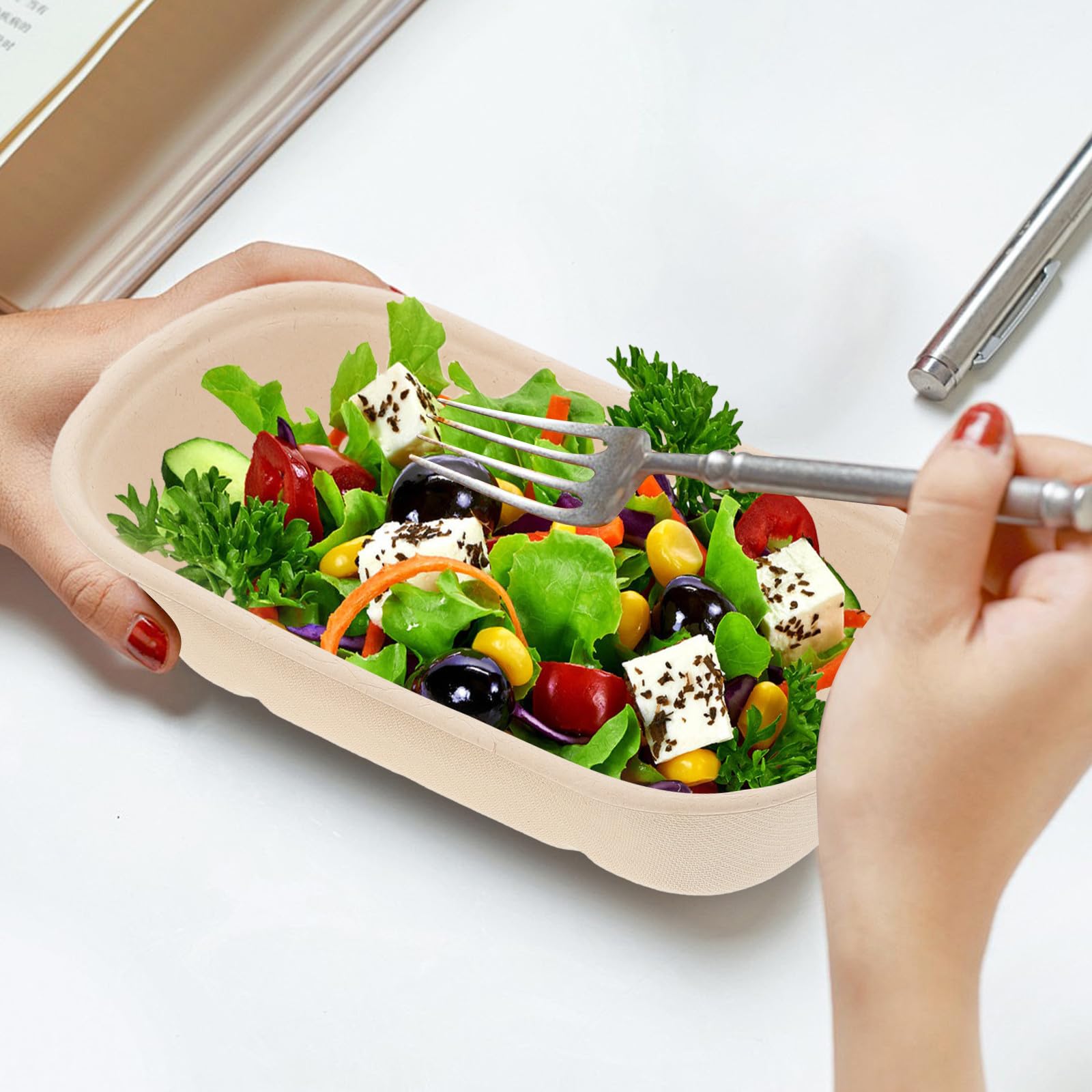 CALLARON Contenedores de Pulpa para Alimentos Desechables 850 Ml Tapa de Papel, Caja para Comida para Llevar 25 Unidades, Envases Ecológicos para Ensaladas y Catering