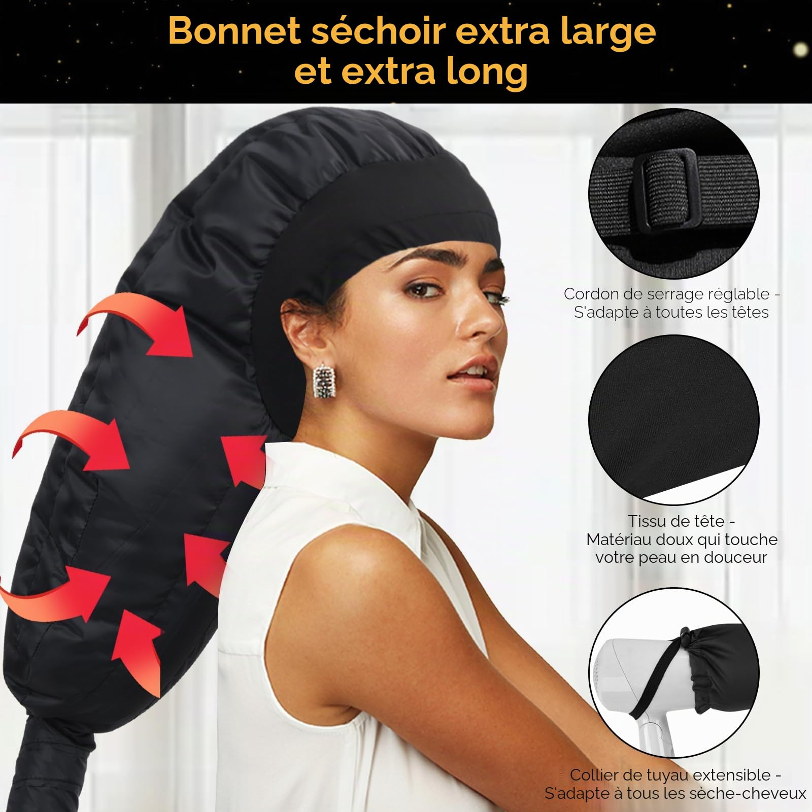 TEPENAR Bonnet Séchoir à Cheveux: Capuche Extra Large Réglable et Douce pour Cheveux Bouclés et Naturels - Séchage Rapide, Utilisation Facile - Noir