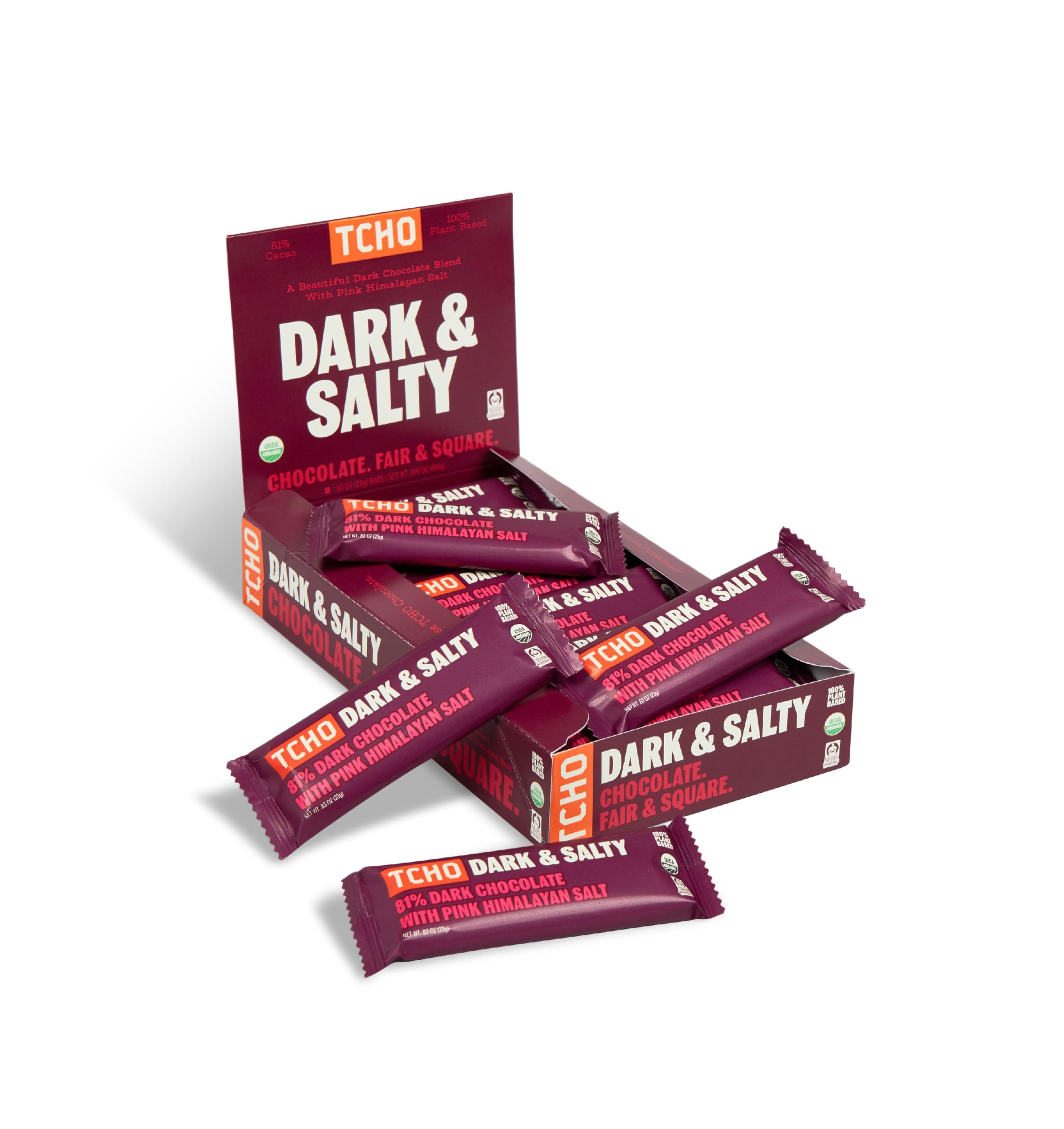 TCHO Dark & Salty Chocolate Bars - Organic 81% Dark Chocolate with Pink Himalayan Salt - Individually Wrapped 100% Plant-Based Pure Cacao Bars for Guilt-Free Indulgence (18-Pack)USDA Organic
