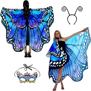 Schmetterling Kostüm Damen Flügel Schmetterlingsflügel Erwachsene Zweistufiges Faschingskostüme Damen Umhang Verkleidung Schmetterlings Kostüm Zubehör 3Set Gesichtsmaske Fühler Schmetterling Haarreif