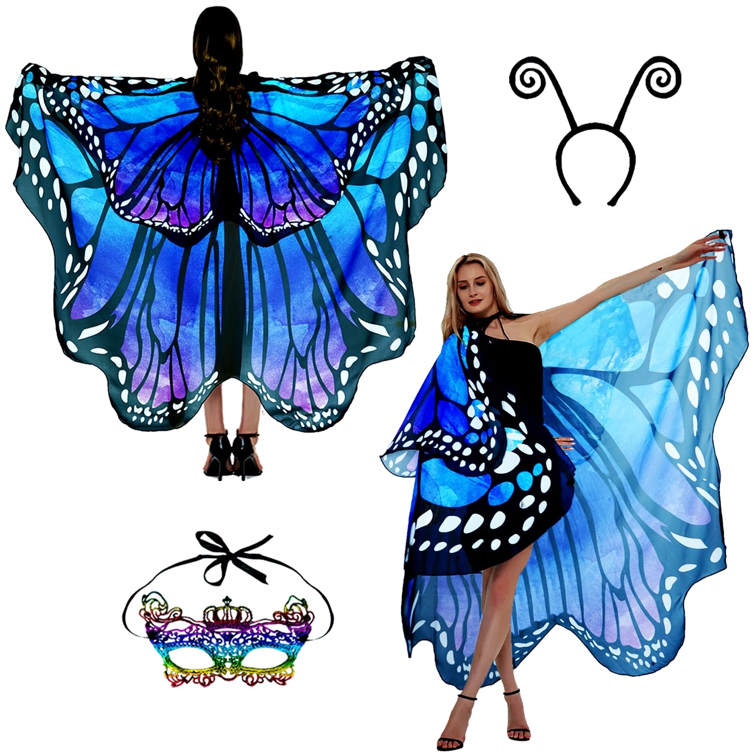 Butterfly Costume Women's Wings Butterfly Wings Adult Two-Tier Fancy Dress Costumes Women's Cape Fancy Dress Butterfly Costume Accessories Set of 3 Face Mask Sensor Butterfly Headband