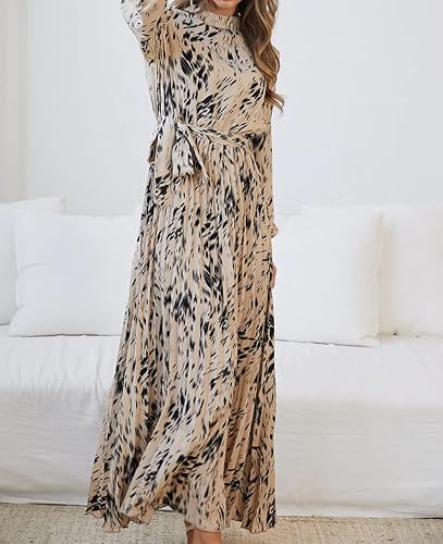 Miniatura 4 de R.Vivimos Vestidos de otoño para mujer, vestido largo de manga larga con pliegues, cuello falso, elegante, con estampado, vestido maxi casual