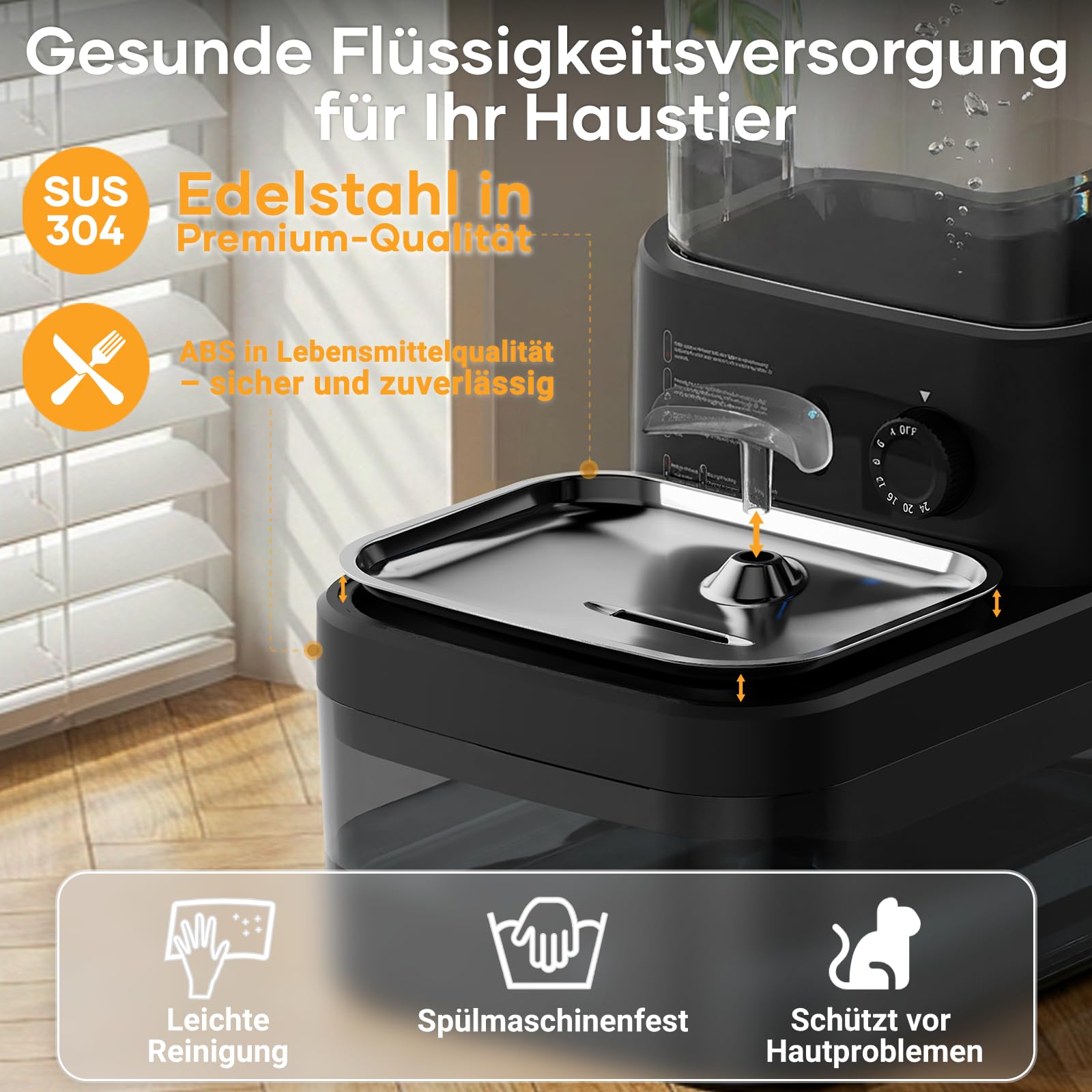 Fontaine a Eau pour Animaux sans Fil et sans Filtre | Séparation de l'Eau Propre et de l'Eau Usée, Bol en Acier Inoxydable, Batterie 4000mAh, Grande Capacité 3L, Noir