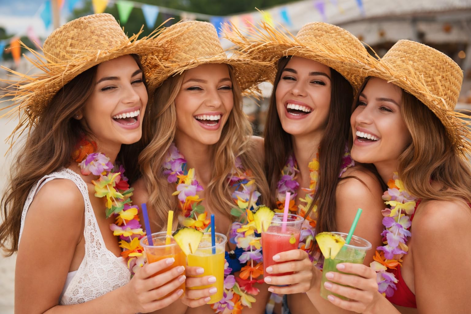 Party-Set für Erwachsene – Strohhut mit Fransen + Hawaii-Blumenkette – Geflochtener Sommer- & Strandhut – Ideal für JGA, Fasching, Strand & Halloween – Einheitsgröße ca. 39 x 39 x 12 cm