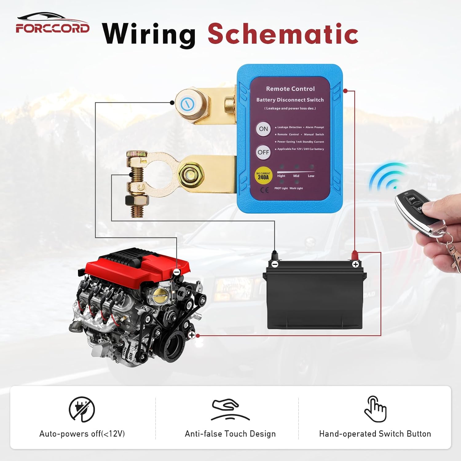 Kill Switch with 12V 240A Remote Battery Disconnect Switch Smart Voltage Kill Switch Fits for Car, Truck, RV car Anti Theft Battery Disconnect Switch