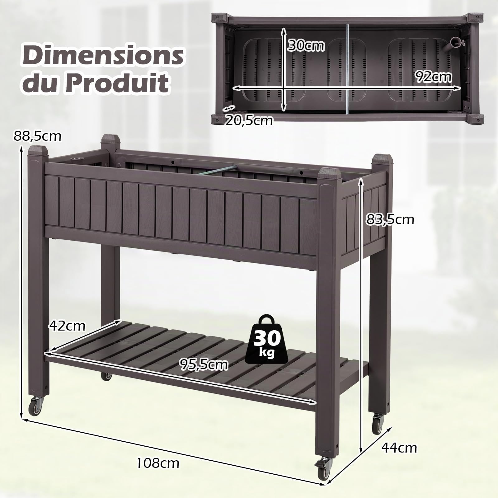 COSTWAY Jardinière Surélevée avec roulettes, Lit de Jardin avec Moniteur d’Eau, Trou de Drainage Étagère de Rangement, Bac à Plantes Divisible Élevé pour Légumes Herbes Fleurs