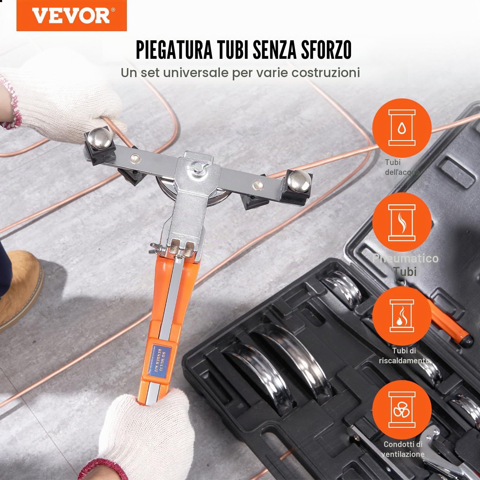 VEVOR Kit Piegatubi per Curvatura Angolazione di Piegatura 90° con 7 Matrici 1/4 a 7/8 pollici Sostituibili Fornito in Valigetta Portatile, Curvatubi a Cricchetto Pieghevole Bidirezionale a 90° 4,86kg