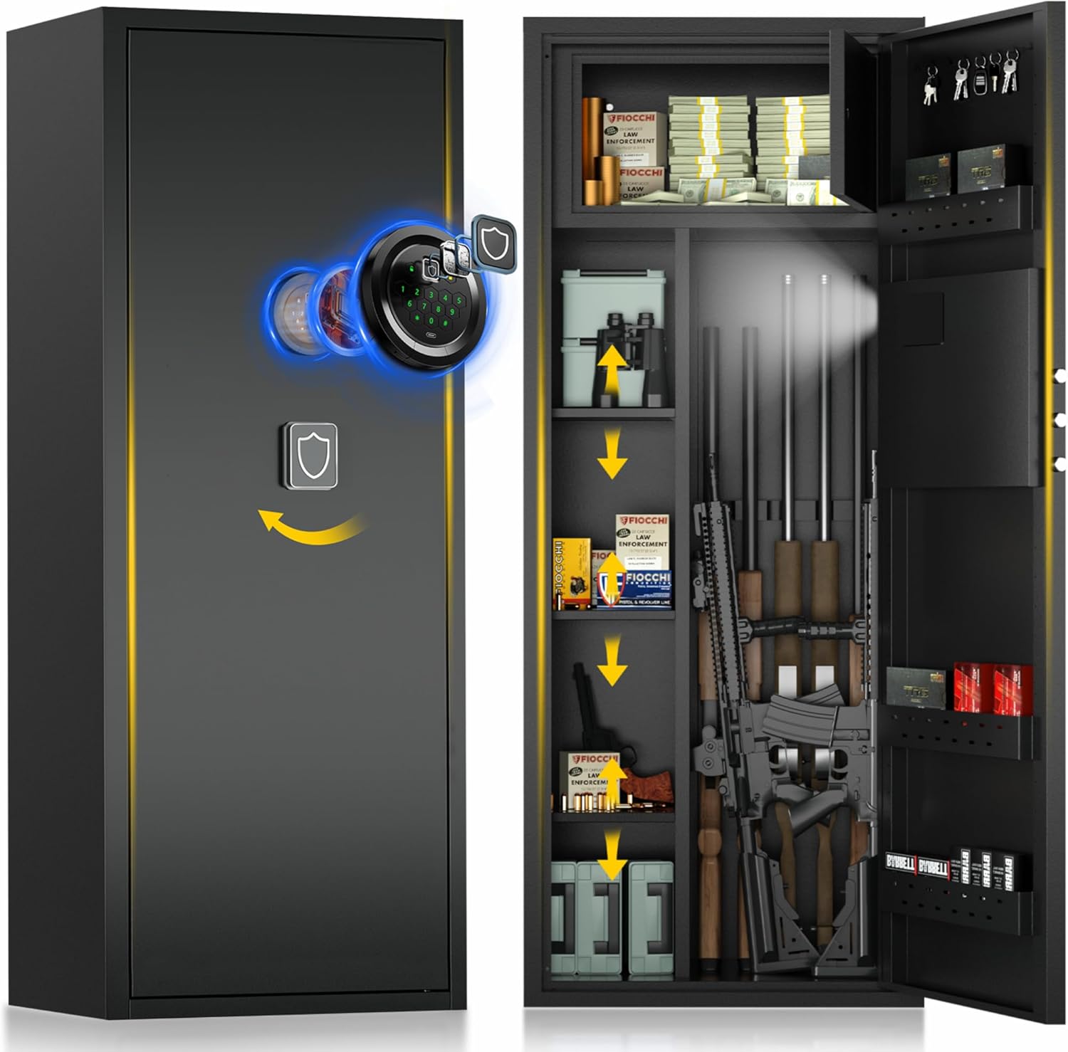 5-8 Gun Safe for Rifles and Pistols, Gun Cabinets for Rifles and Shotguns with Digital Keypad & LED Light, Rifle Safe for Home with Removable Shelves and Alarm System, Easy Assembly Gun Locker
