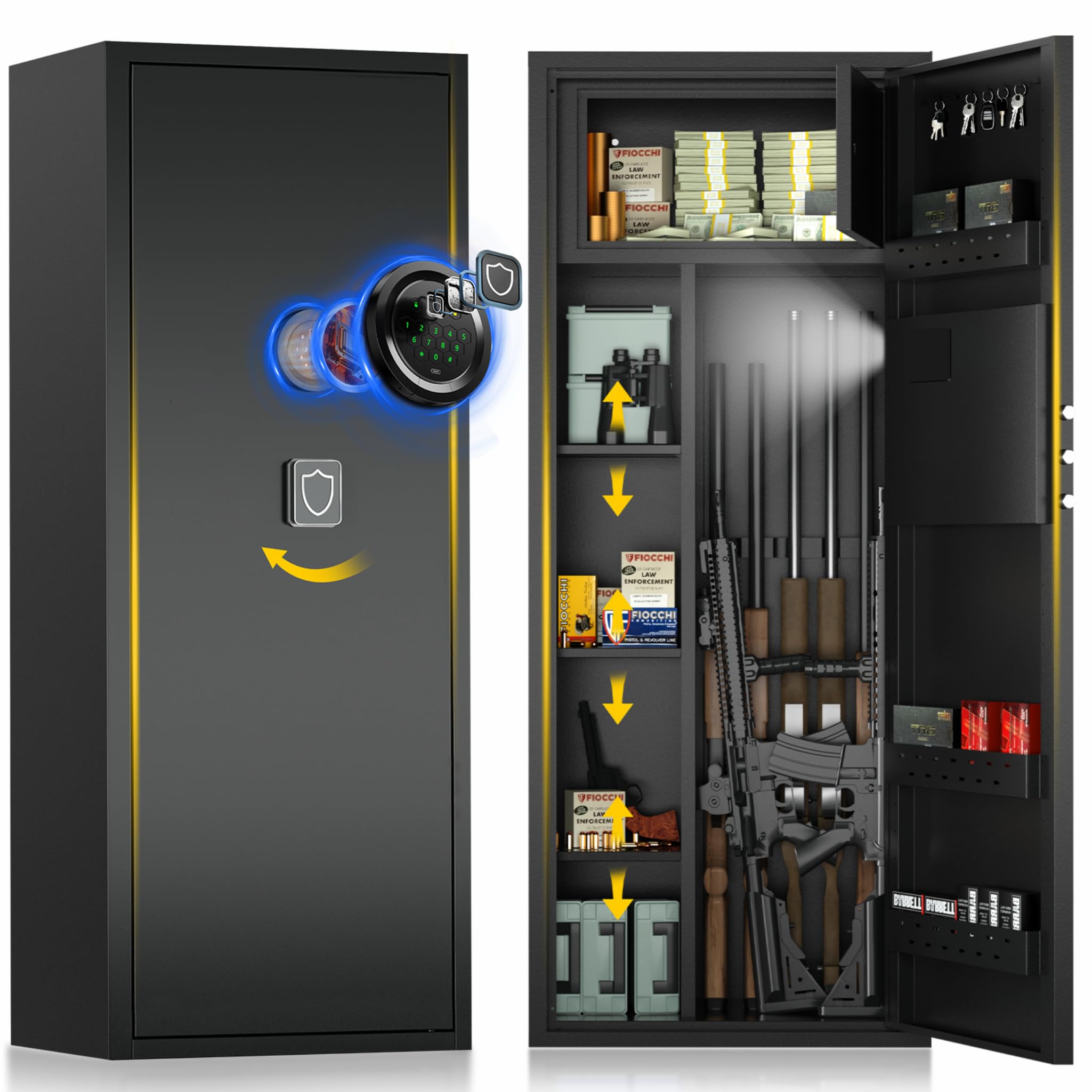 12-15 Large Gun Safe for Rifles and Pistols, Gun Cabinets for rifles and shotguns with Digital Keypad and Alarm Mode, Easy Assembly Rifle Safe for Home, Internal Lockable Box &amp; Removable Shelves