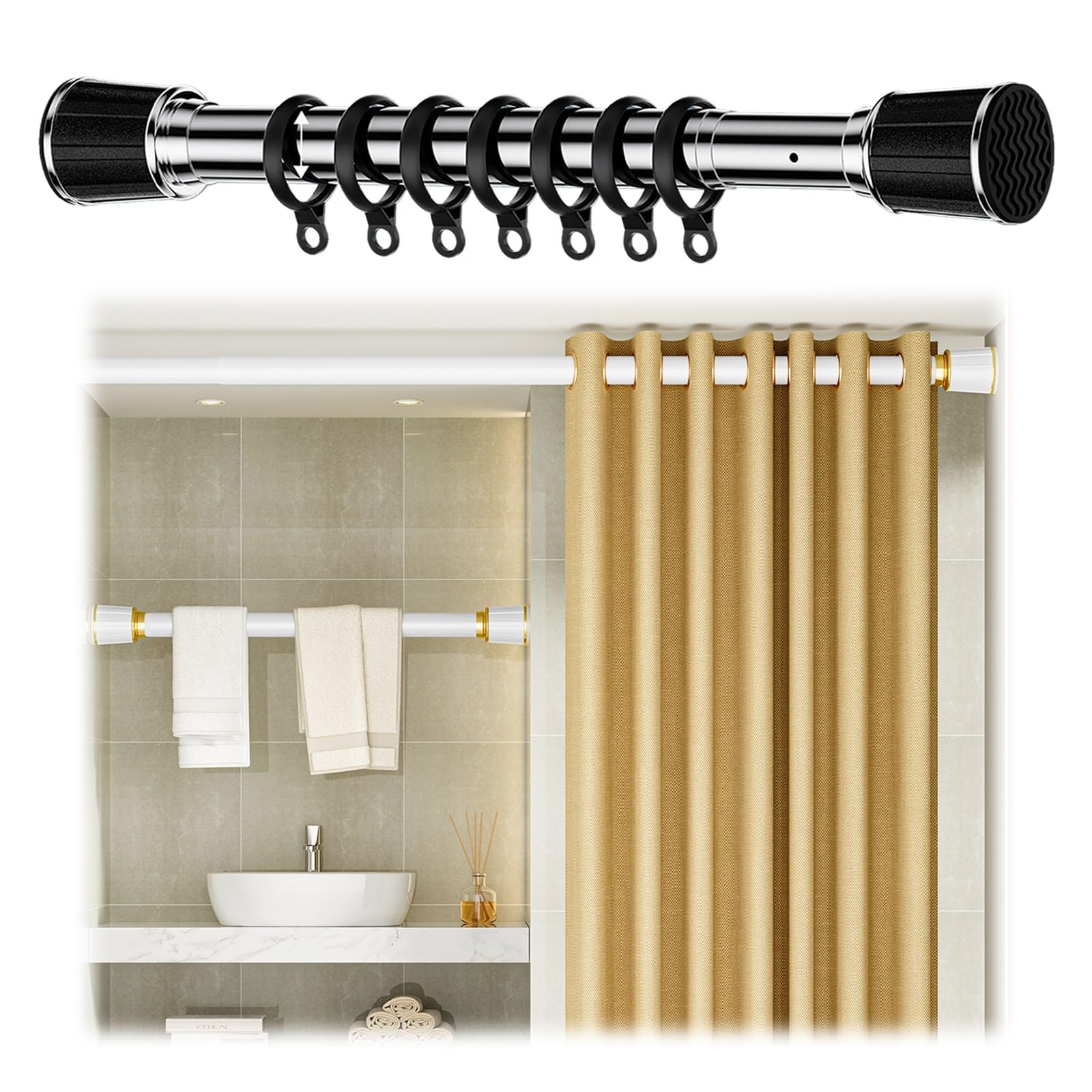 Verstellbare Gardinenstange ohne Bohren, Teleskopstange aus Edelstahl, für Badezimmer, Schrank, Balkon, 50–75 cm, einfache Installation, modernes silbernes Design, stark und langlebig