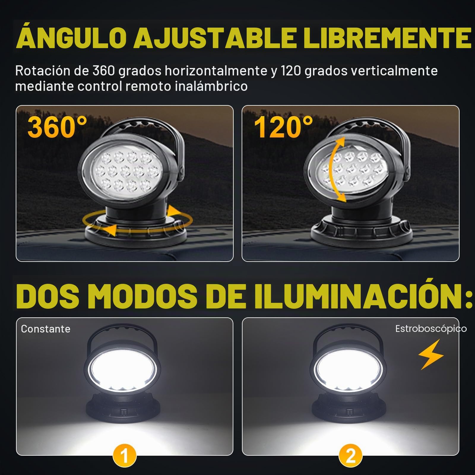 Willpower 50W 360 grados CREE LED Control remoto giratorio LED Reflector Luz de trabajo 12-24V Punto para todoterreno SUV ATV Camiones Barcos y más