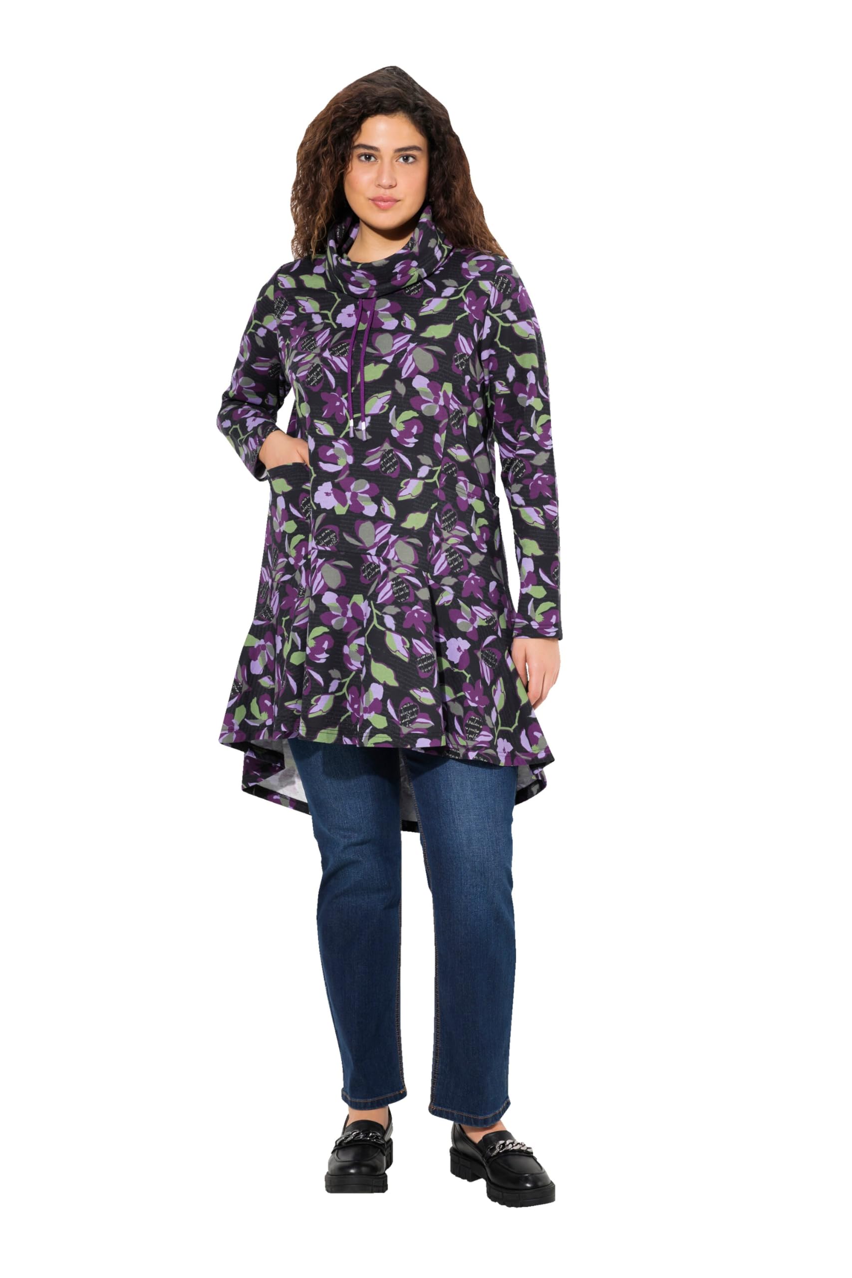 Ulla Popken Damen große Größen Übergrößen Plus Size Long-Sweater, Stehkragen, Taschen, Langarm, Volantsaum 831586