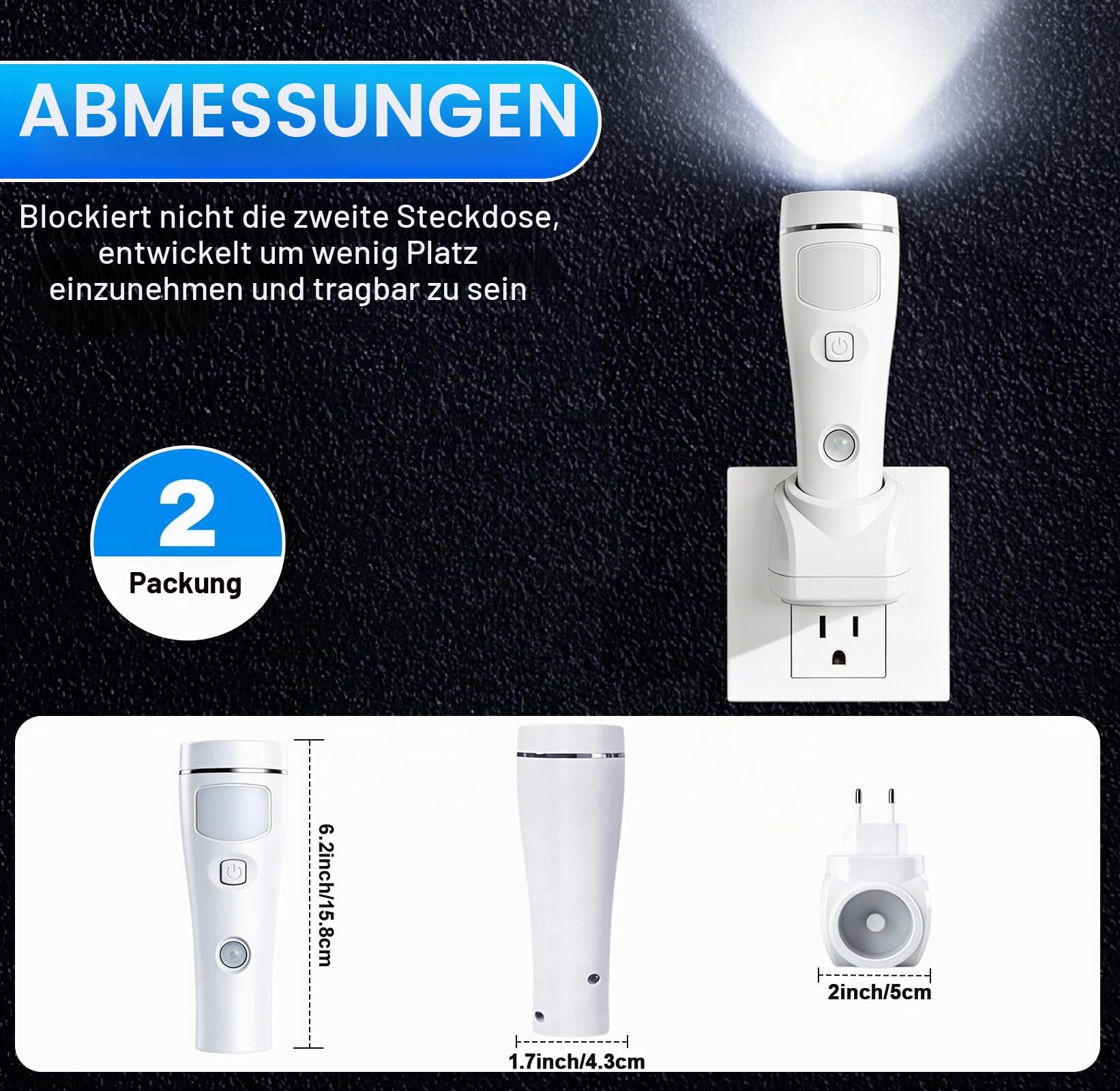 4-in-1 LED Wiederaufladbare Steckdosen-Taschenlampen, 2er-Pack LED Notlichter für Stromausfall im Haushalt, Steckdosen-Notfallleuchte, Stromausfall-Lampe mit Bewegungssensor
