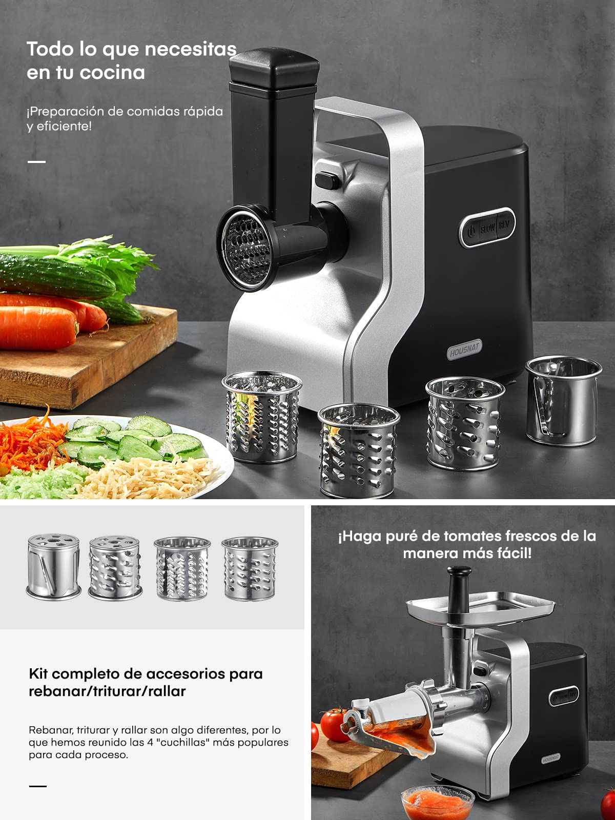 Eléctrica Picadora de Carne Profesional, HOUSNAT 5 en1 multifunción Máquina Picadora Carne con 3 Placas de Molienda de Acero Inoxidable, 2300W Max Motor de Cobre, Función Inversa, Rápido
