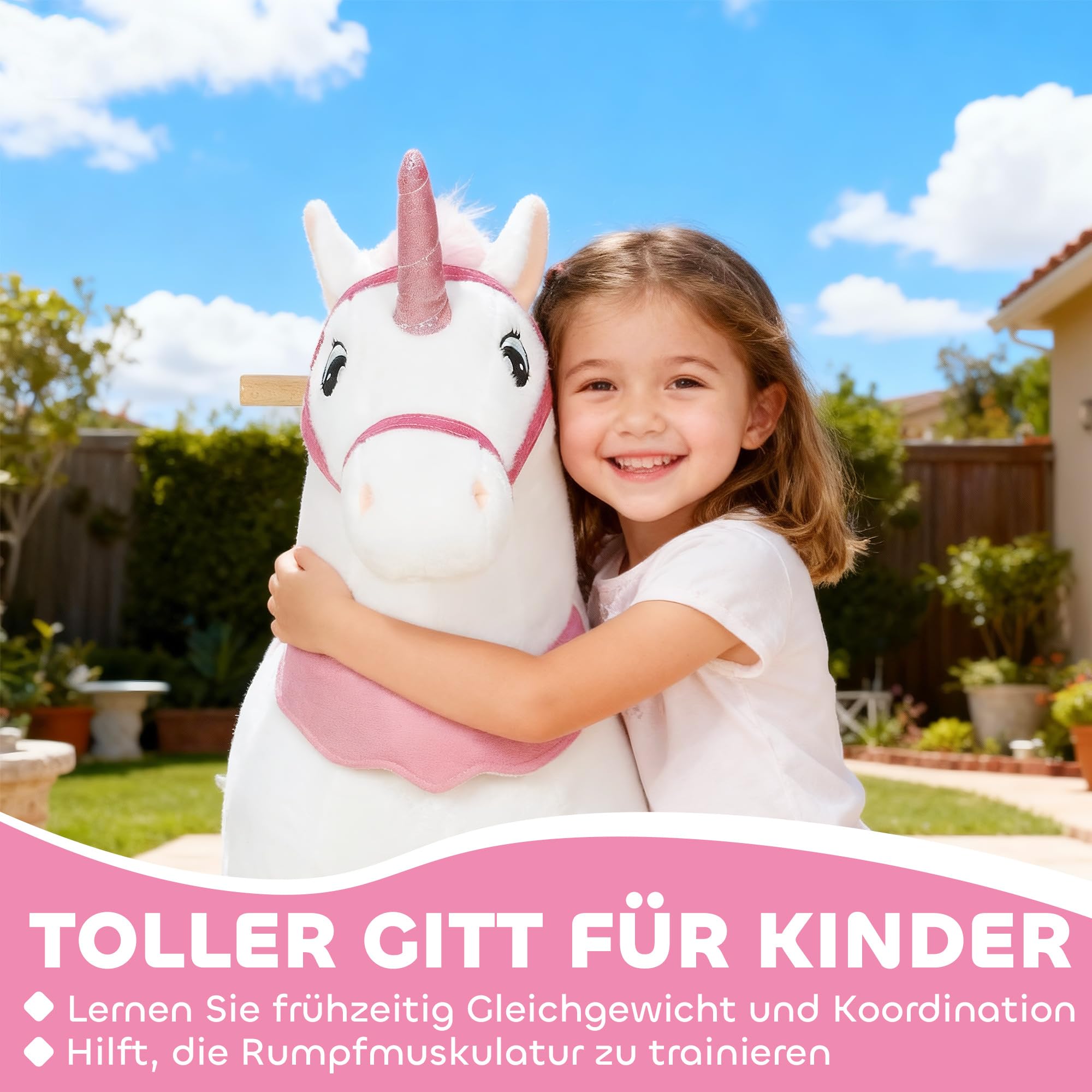 AIYAPLAY Reitpferd auf Rollen Spielpferd zum Reiten Stehpferd mit Einhorn-Design, Plüschpferd für 4-7 Kinder Weiß