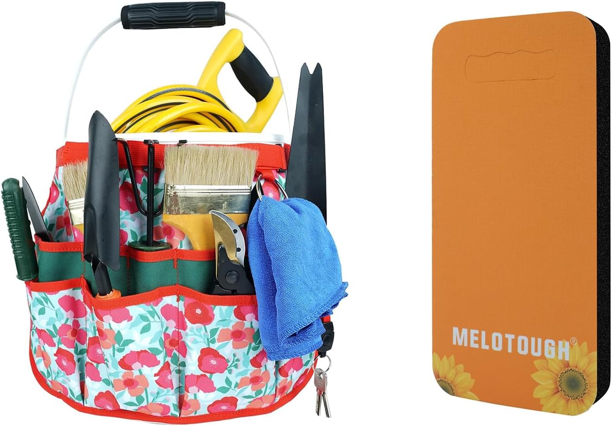 MELOTOUGH Bucket Caddy Organizer Bucket Tool Organizer for Garden Tools Fit 3.5 to 5 Gallon Bucket, Garden Kneeling Pad, 1" Thick Soft NBR Foam Kneeling Pads for Gardening, Cleaning, Work