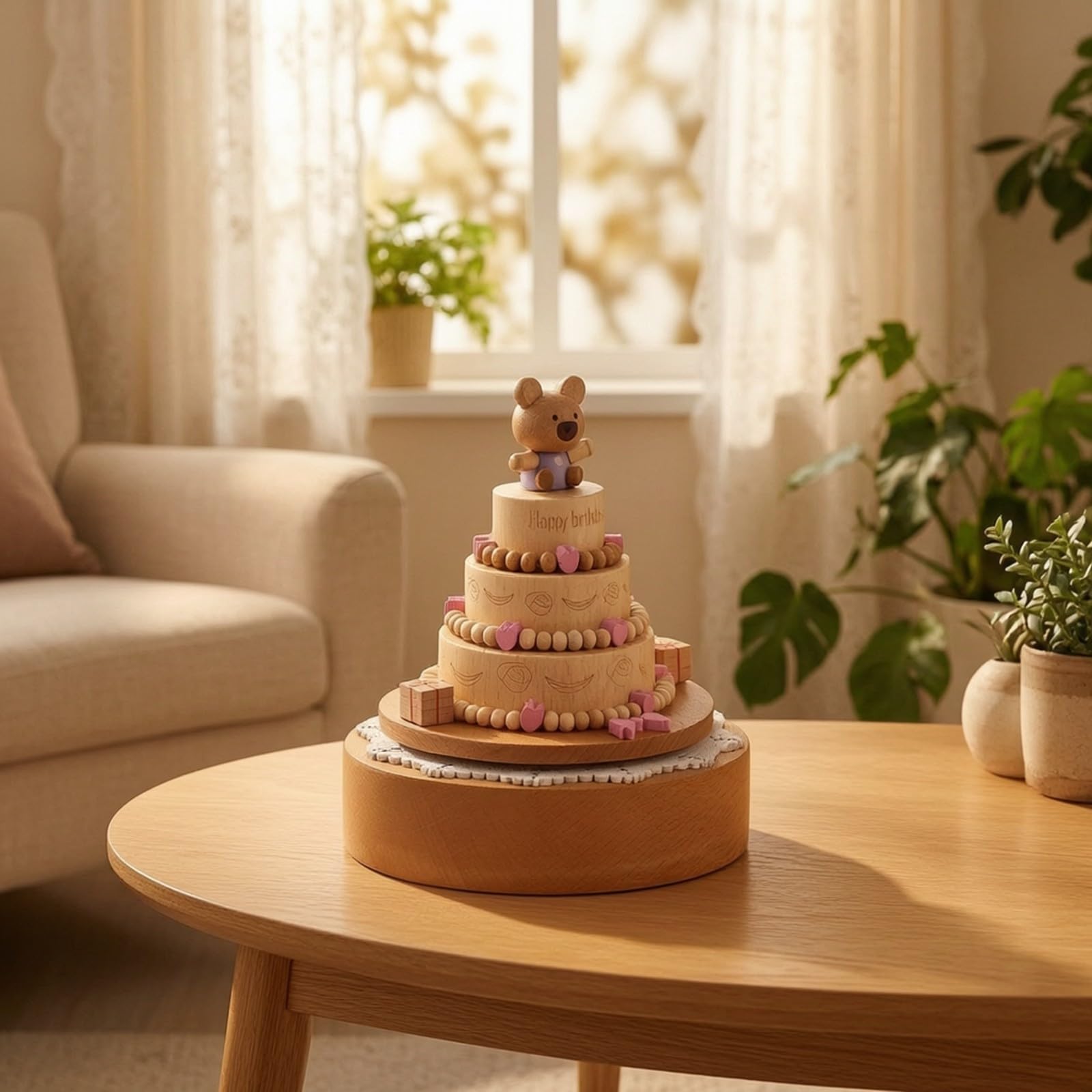 Carillon con Figure in Legno di Faggio per Bambini con Manovella E Piattaforma Rotante per Controllare Il Regalo Adatto per Camerette E Studi, Palloncino Orso
