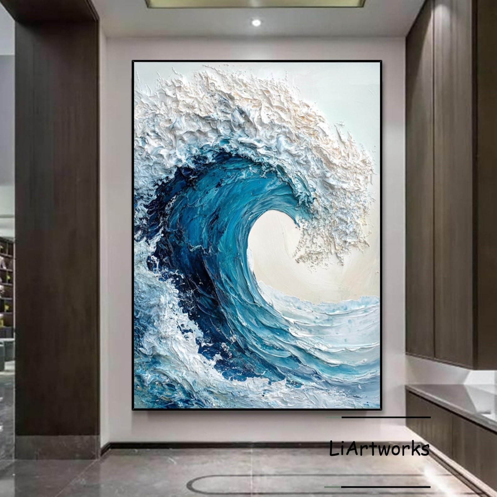 絵画 Blue Ocean Tray & Wall Art 3d Frame Blue Ocean Wave Oil Painting Blue White 3d Texture Wall