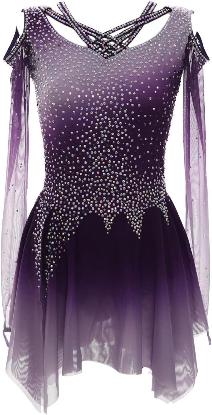 [Kmarouse] 女性用フィギュアスケート競技ドレス、女の子用ハンドメイドバレエダンス衣装、通気性と快適性に 生地