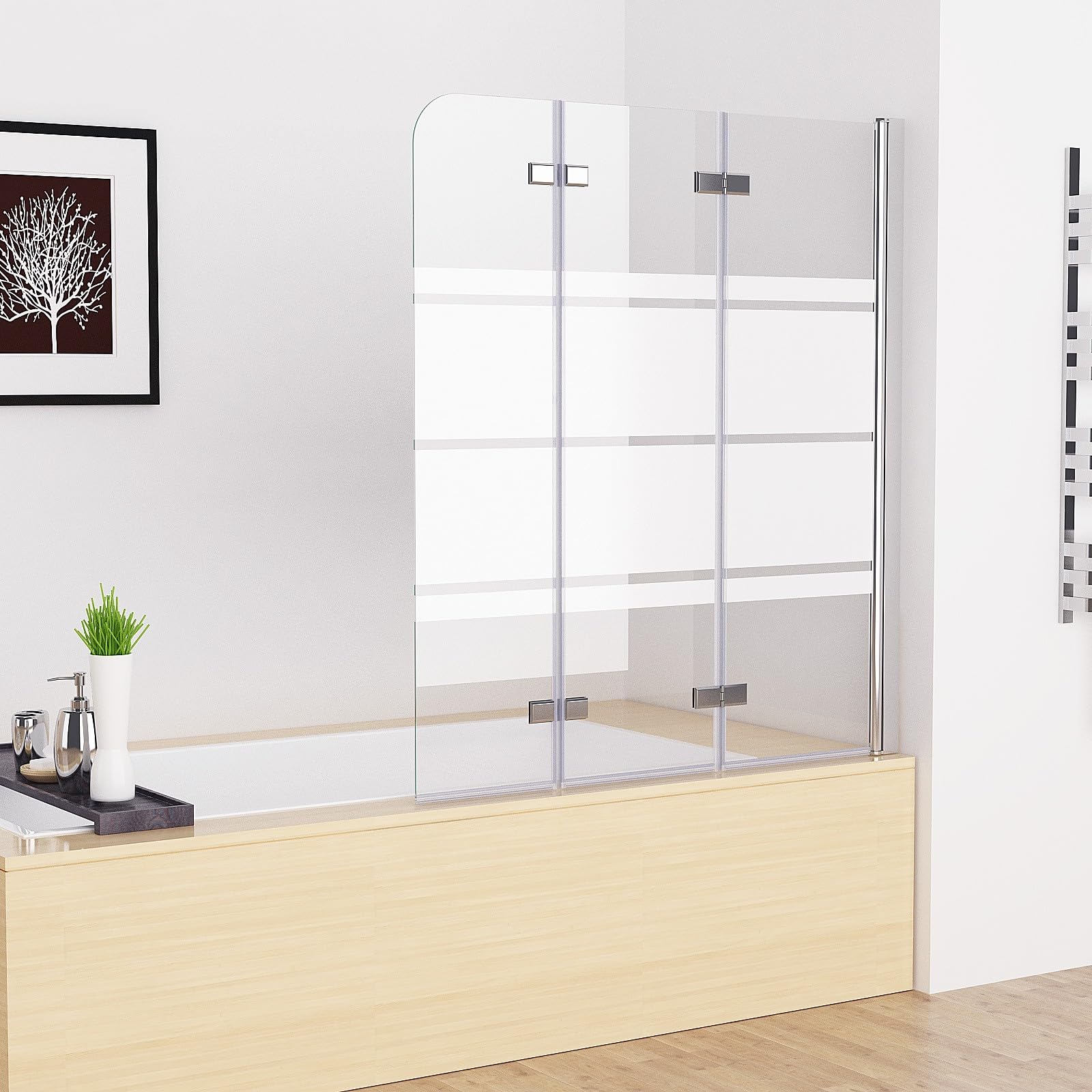MIQU 130 x 140 cm Duschwand für Badewanne Dusche Duschabtrennung mit 3 Teilig Faltwand 5mm ESG Glas mit Muster Schwenkbar Faltbar Glaswand Duschtrennwand Badewannenaufsatz DCY