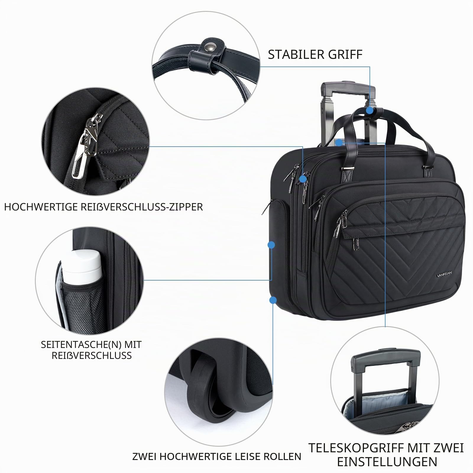 VANKEAN Rollende Laptoptasche Frauen mit Rädern, passend für bis zu 15,6 Zoll Rollende Aktentasche Wasserabweisend Rollende Computertasche mit RFID-Taschen für Reisen/Business/Schule,Schwarz