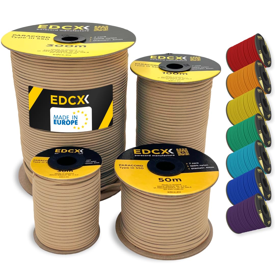 EDCX 4mm Nylon Paracord 550 15m (50 feet) | Ideal for Camping, Survival, Outdoor, Crafting, DIY | 100% Nylon Rope 4mm | Paracord 550 Type III in Solid Color (Tan, 15 m)