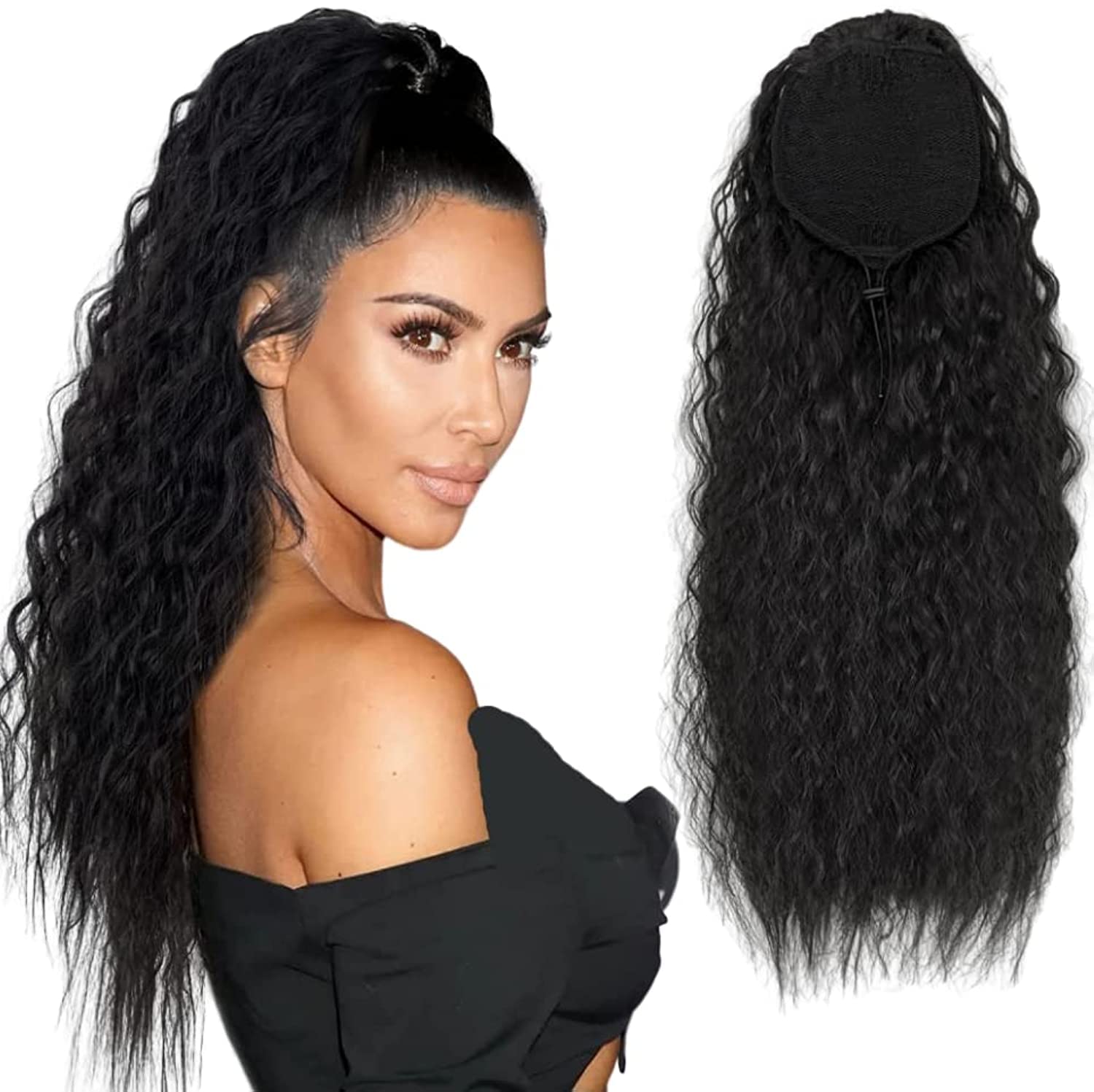 Goodern Long Curly Drawstring Ponytail Corn Curly Ponytail Extension Natural Synthetic Hair Wavy Hairpiece Hairs Extension With Comb Clip in Long Ponytail Wigs for Womens Daily Wear 55CM-Black