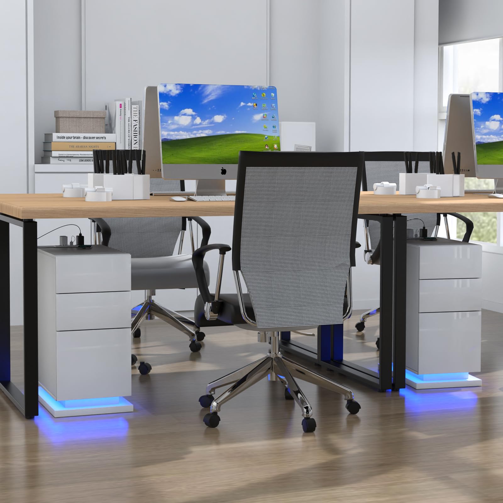 Juego de 2 Estrecha Mesilla de Noche con Estación de Carga y LED, Brillante Mesa Auxiliar con 3 cajones, para Dormitorio, Salón, Estudio, Blanco